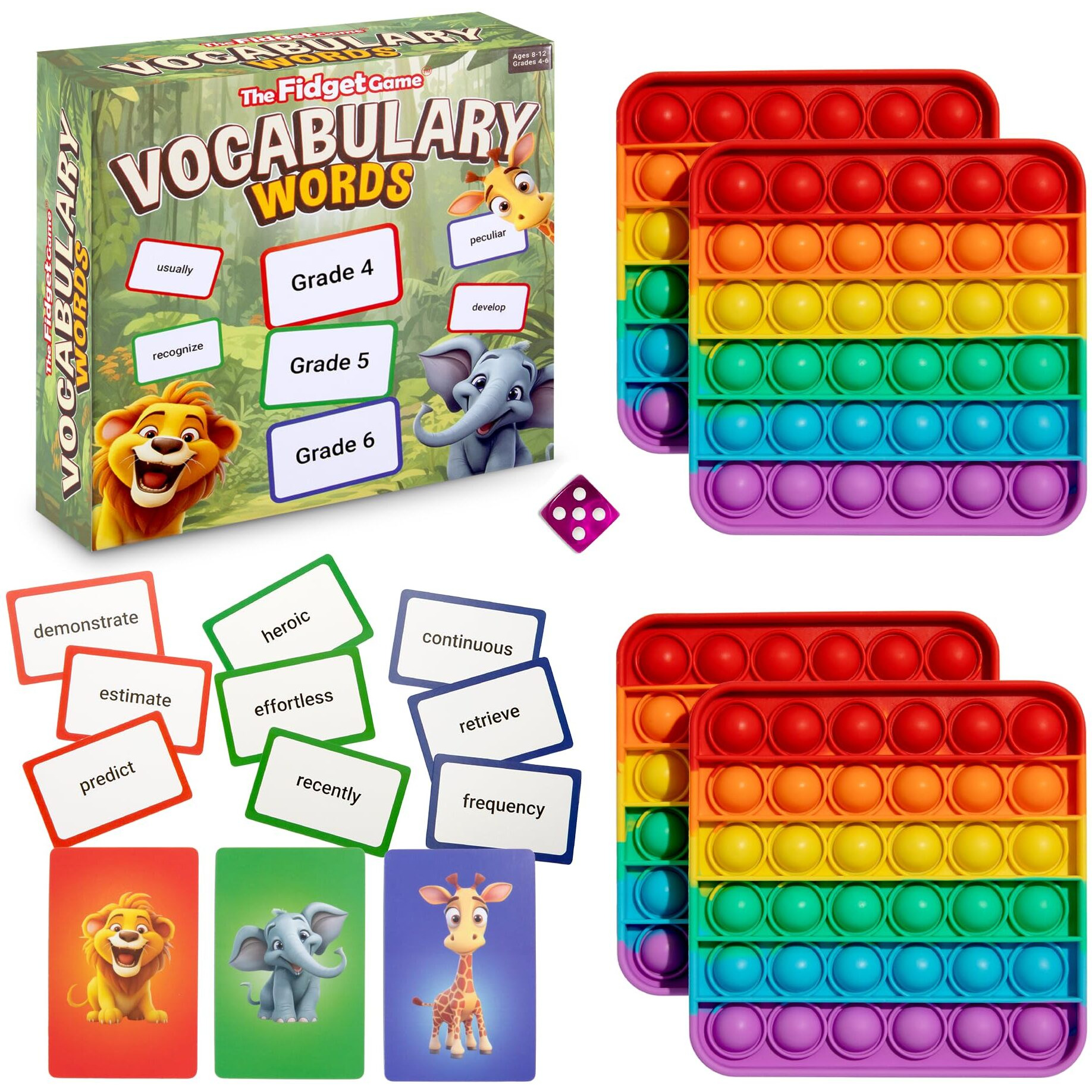 The Fidget Game Vocabulary Words Flash Card Game, Grade 4-6 Ages 8-12, Develop Communication And Reading Comprehension Skills, Bubble Mats, Learning Guide & Workbook Included