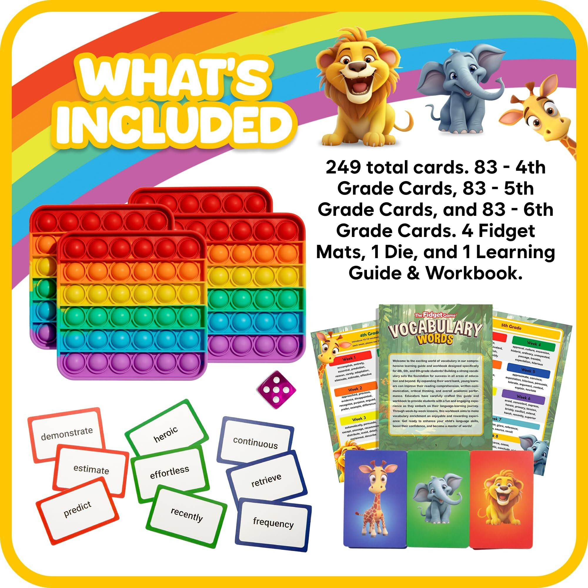 The Fidget Game Vocabulary Words Flash Card Game, Grade 4-6 Ages 8-12, Develop Communication And Reading Comprehension Skills, Bubble Mats, Learning Guide & Workbook Included