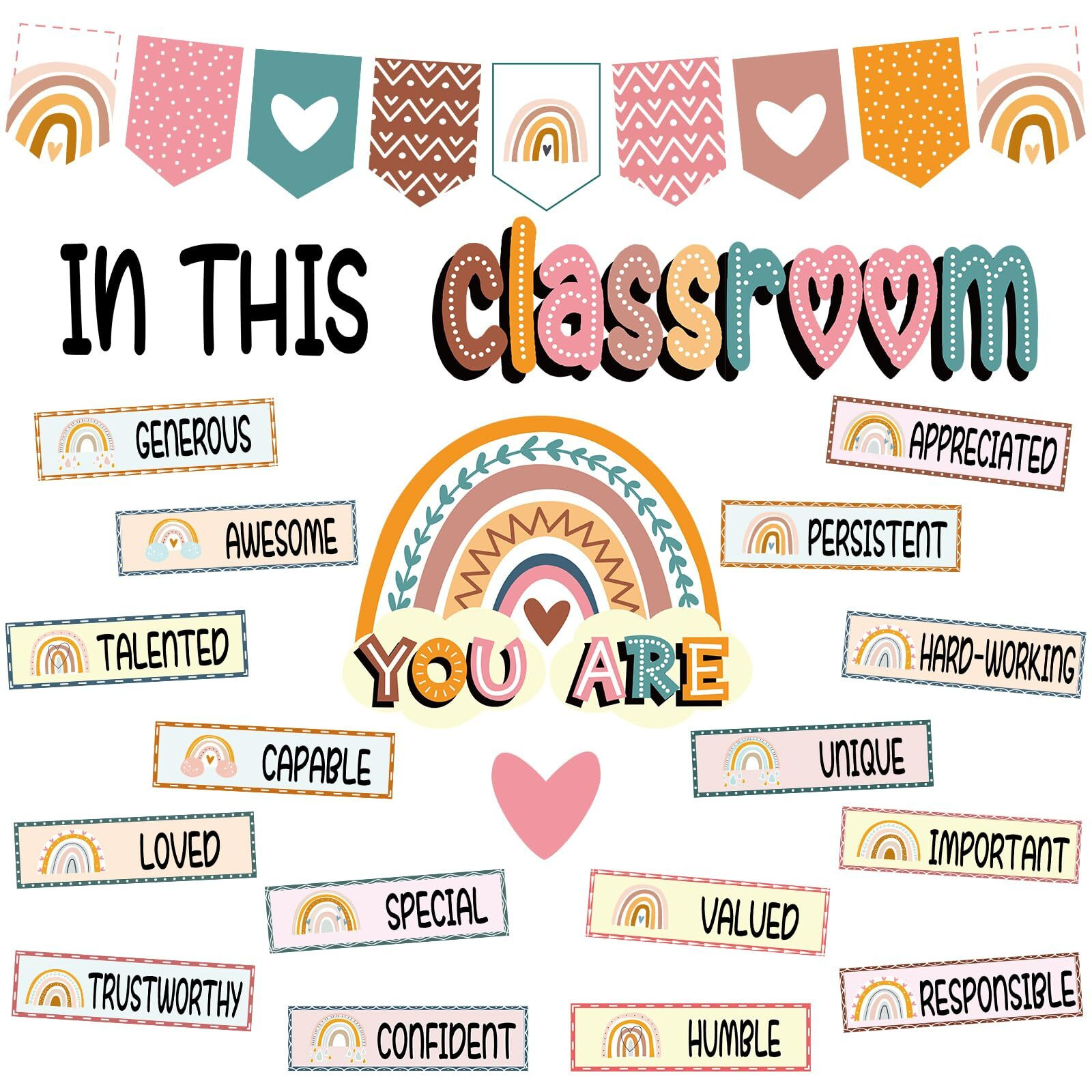 32Pcs Classroom Bulletin Board Decorations Set - Boho Rainbow Motivational Words Cutouts Bulletin Decorations For Teachers School Classroom Bulletin Board
