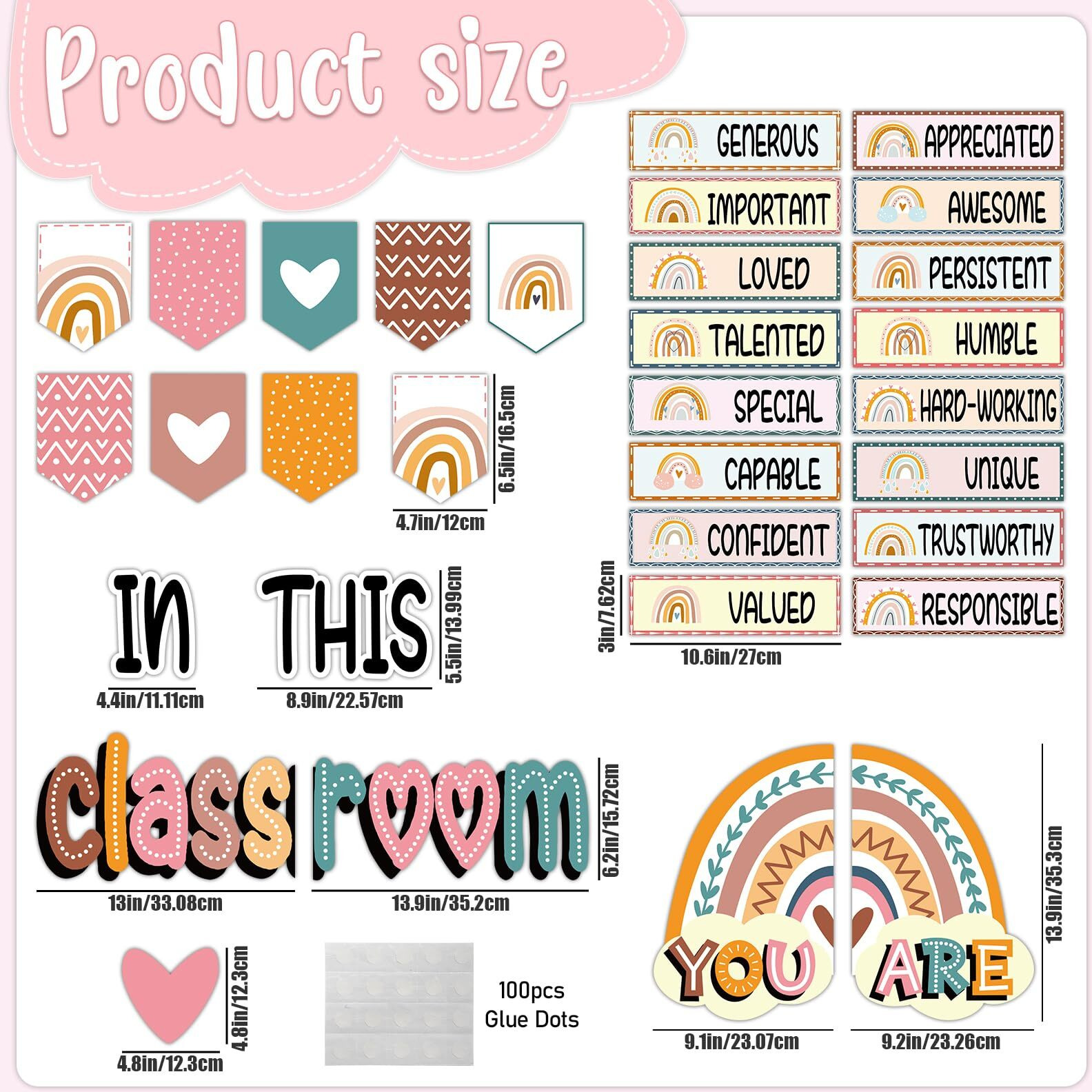 32Pcs Classroom Bulletin Board Decorations Set - Boho Rainbow Motivational Words Cutouts Bulletin Decorations For Teachers School Classroom Bulletin Board