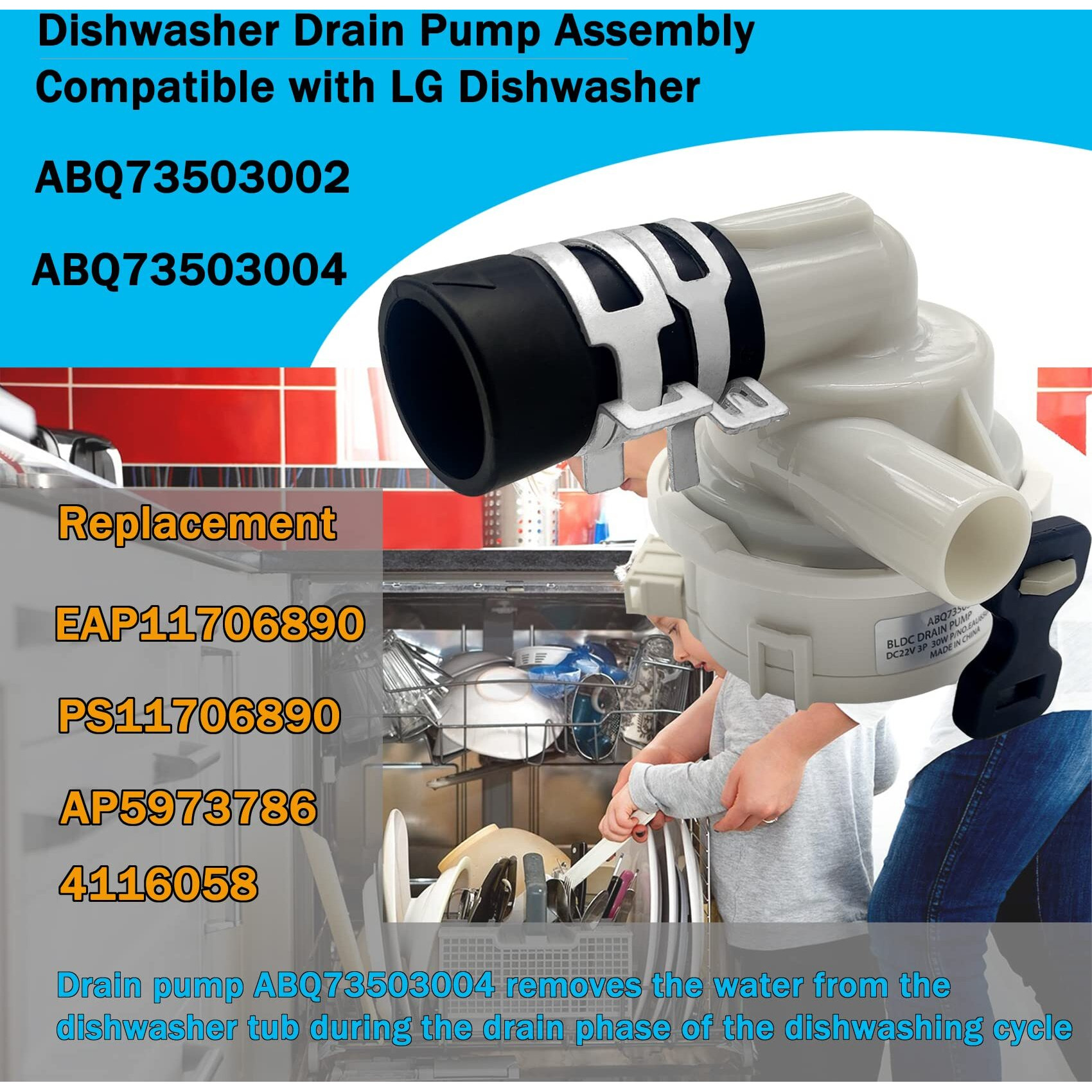 Abq73503002 Abq73503004 Dishwasher Drain Pump Assembly Compatible With Lg Dishwasher, Abq73503004 Abq73503002 Dishwasher Drain Hose Pump, Included Case Assembly, Drain Pump -10 Year Warranty