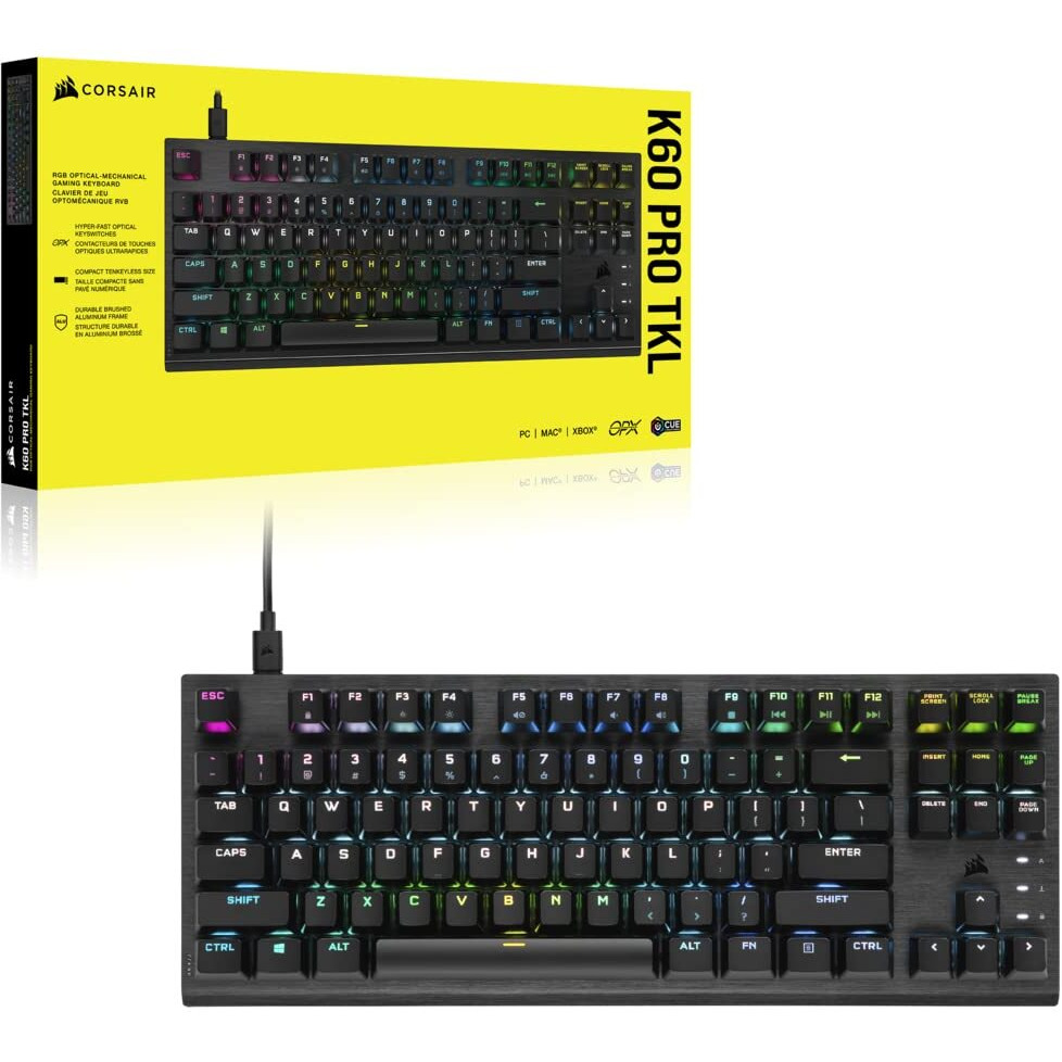 Corsair K60 Rgb Tkl Rgb Tenkeyless Optical-Mechanical Wired Gaming Keyboard - Opx Switches - Polycarbonate Keycaps - Icue Compatible - Qwerty Na Layout - Black