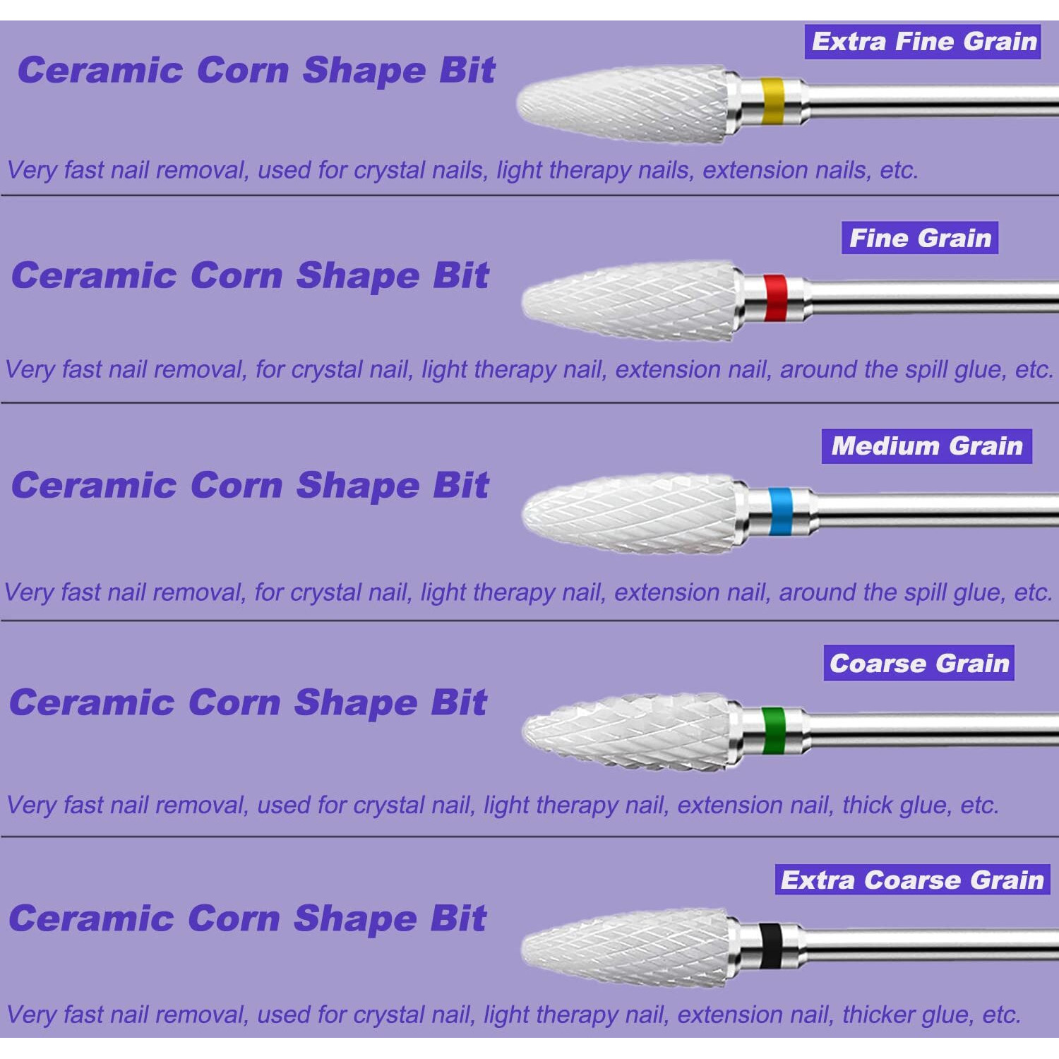 Fantexy Ceramic Nail Drill Bits Set,3/32'' Shank Professional Corn Shape Ceramic Bits,Acrylic Nail File Bits For Manicure Pedicure Cuticle Gel Nail Polishing,Use For Both Left And Right Handed(5 Pcs)