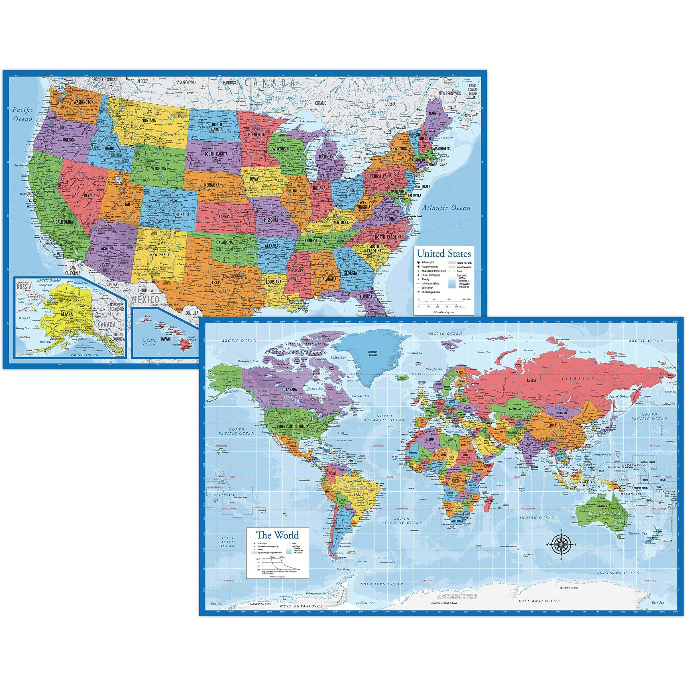 Laminated World Map & Us Map Poster Set - 18" X 29" - Wall Chart Maps Of The World & United States - Made In The Usa (Laminated)