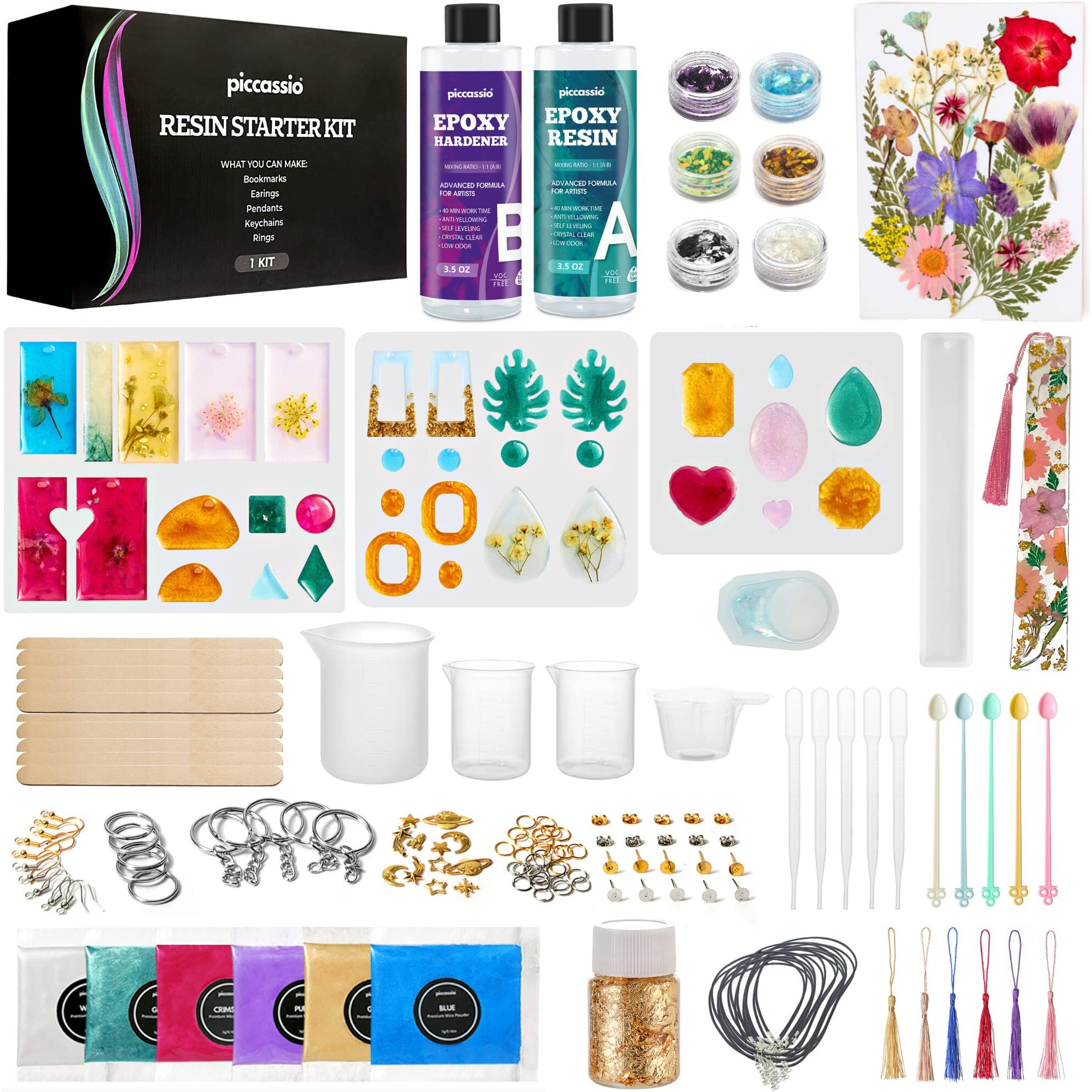 Piccassio Epoxy Resin Kit For Beginners 208 Pcs - Resin Jewelry Making Kit, Keychains, Bookmarks,Epoxy Resin Starter Kit - Resin Kit And Molds Complete Set - Includes Molds, Dried Flowers...