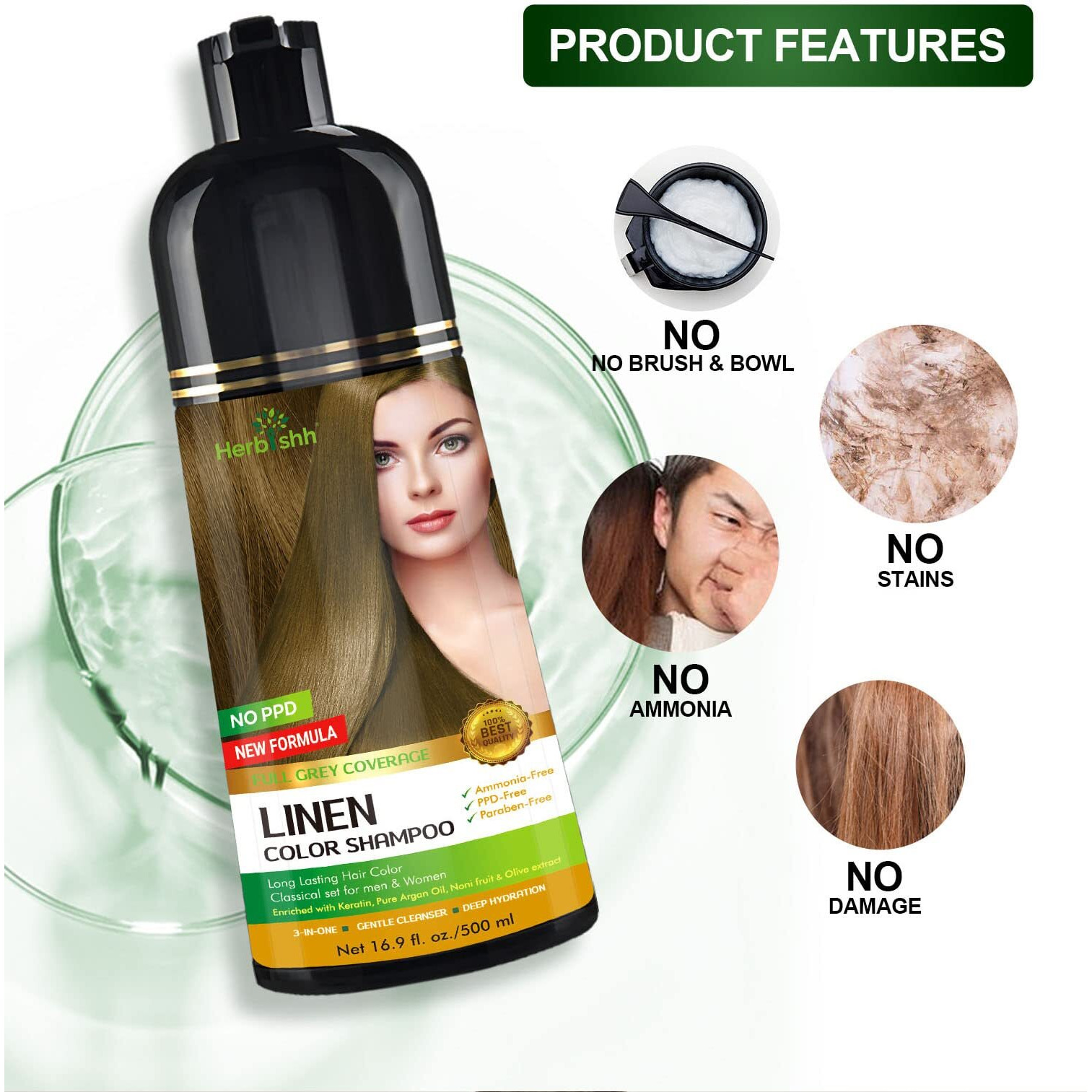 Herbishh Hair Color Shampoo For Gray Hair - Magic Hair Dye Shampoo - Colors Hair In Minutes-Long Lasting-500 Ml-3-In-1 Hair Color-Ammonia-Free | Herbishh (Linen)