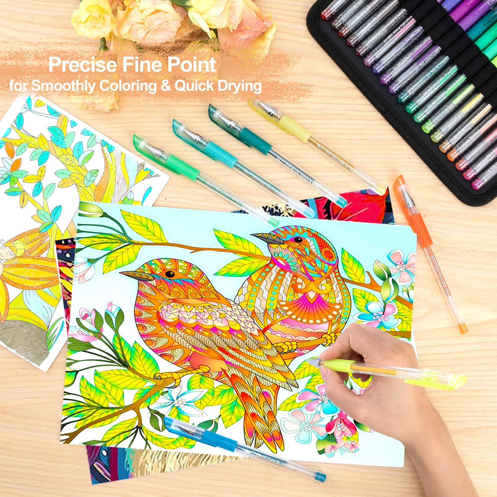 Tanmit Glitter Gel Pens, 160 Pack Glitter Pen With Case For Adults Coloring Books, Artist Colored Gel Markers With 40% More Ink For Drawing Scraobooking Writing Doodling