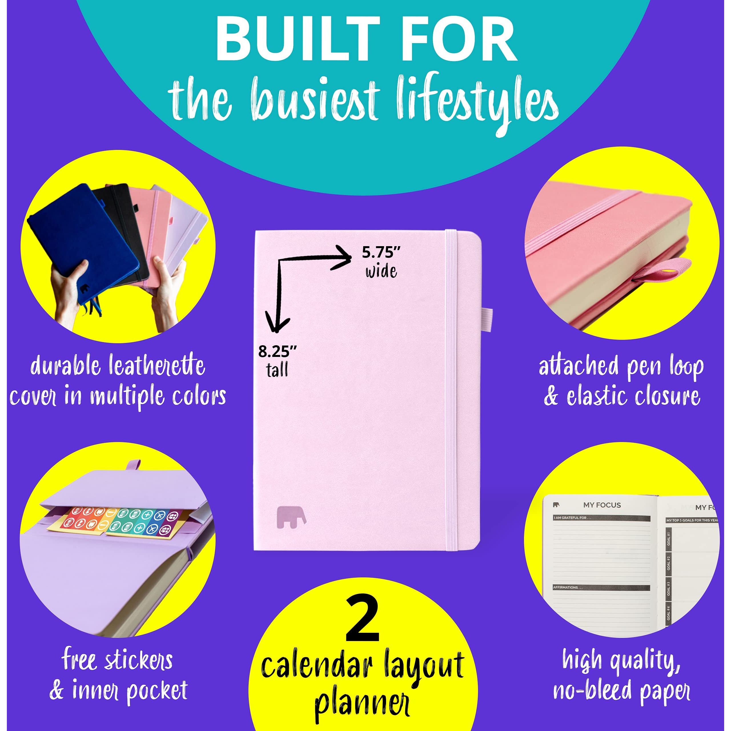 Simple Elephant Undated Planner For 2024 - Monthly, Weekly, Daily Planner - Leather Agenda Planner W/No Bleed Pages & Pen Holder - College, Work & Business Calendar Book