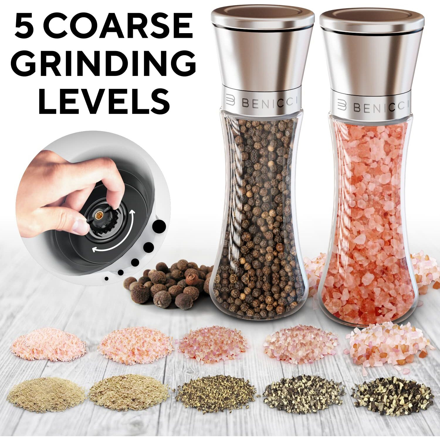 Premium Salt And Pepper Grinder Set Of 2 - Two Refillable, Stainless Steel Sea & Spice Shakers With Adjustable Coarse Mills Easy Clean Ceramic Grinders W/Bonus Silicone Funnel Cleaning Brush