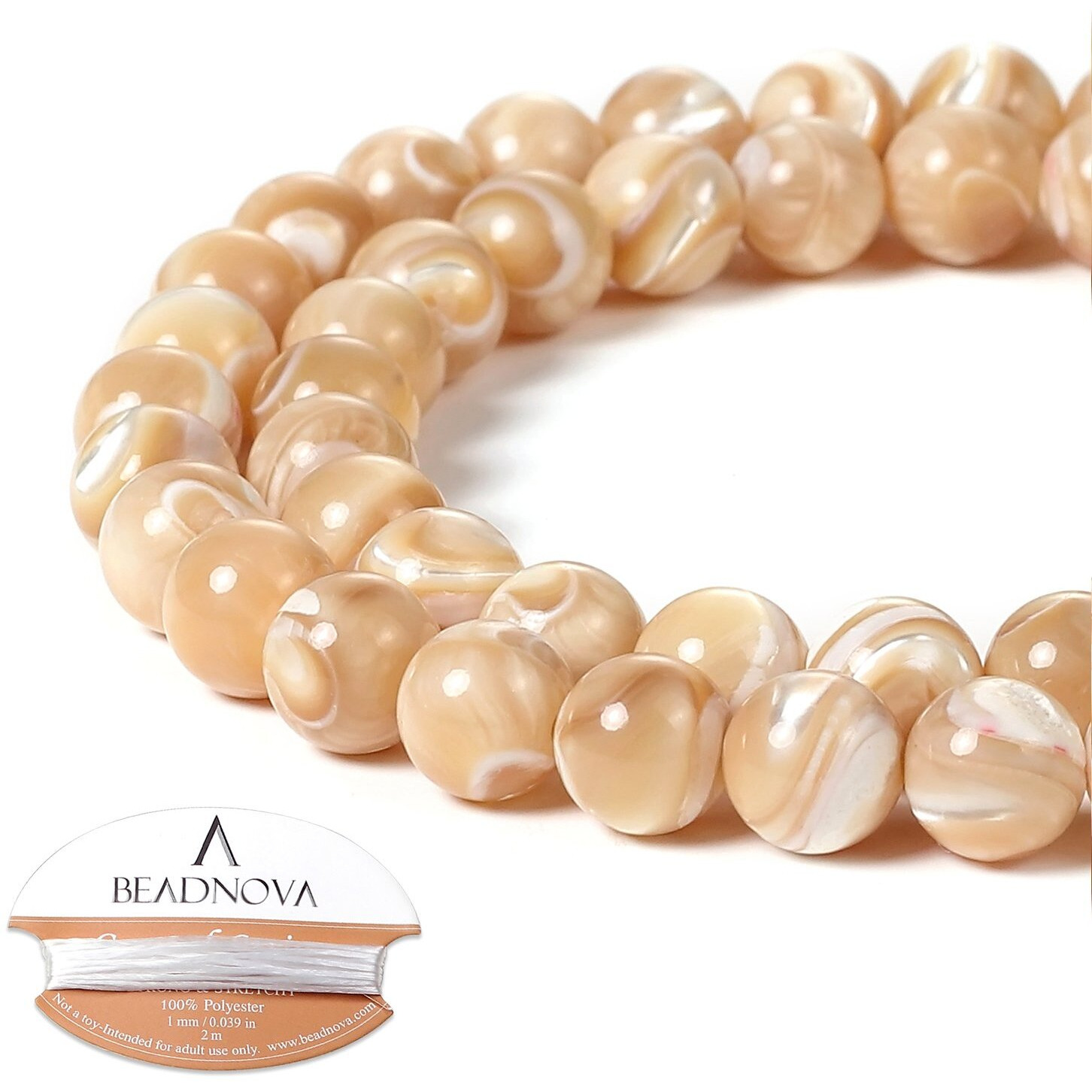 Beadnova Natural Mother Of Pearl Nacre Conch Shell Beads Natural Crystal Beads Stone Gemstone Round Loose Energy Healing Beads With Free Crystal Stretch Cord For Jewelry Making (8Mm, 45-48Pcs)