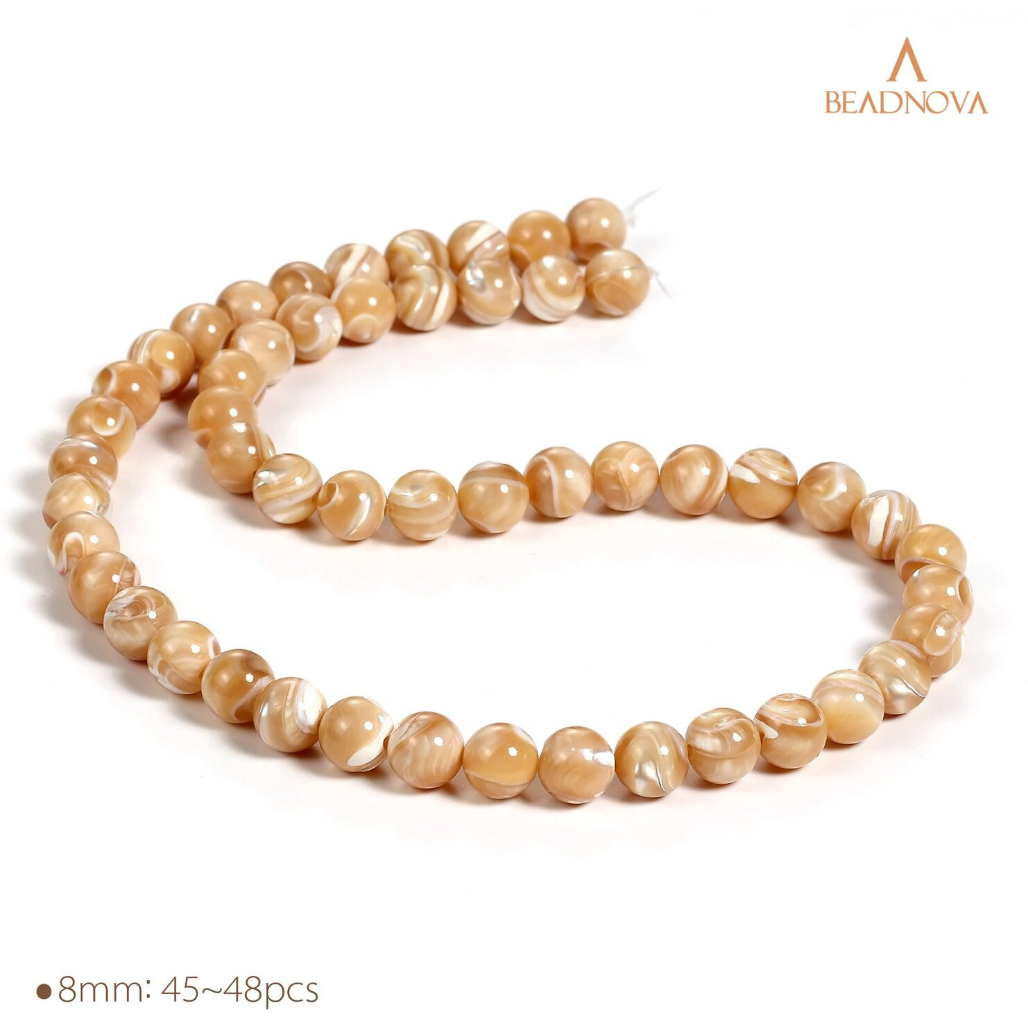 Beadnova Natural Mother Of Pearl Nacre Conch Shell Beads Natural Crystal Beads Stone Gemstone Round Loose Energy Healing Beads With Free Crystal Stretch Cord For Jewelry Making (8Mm, 45-48Pcs)