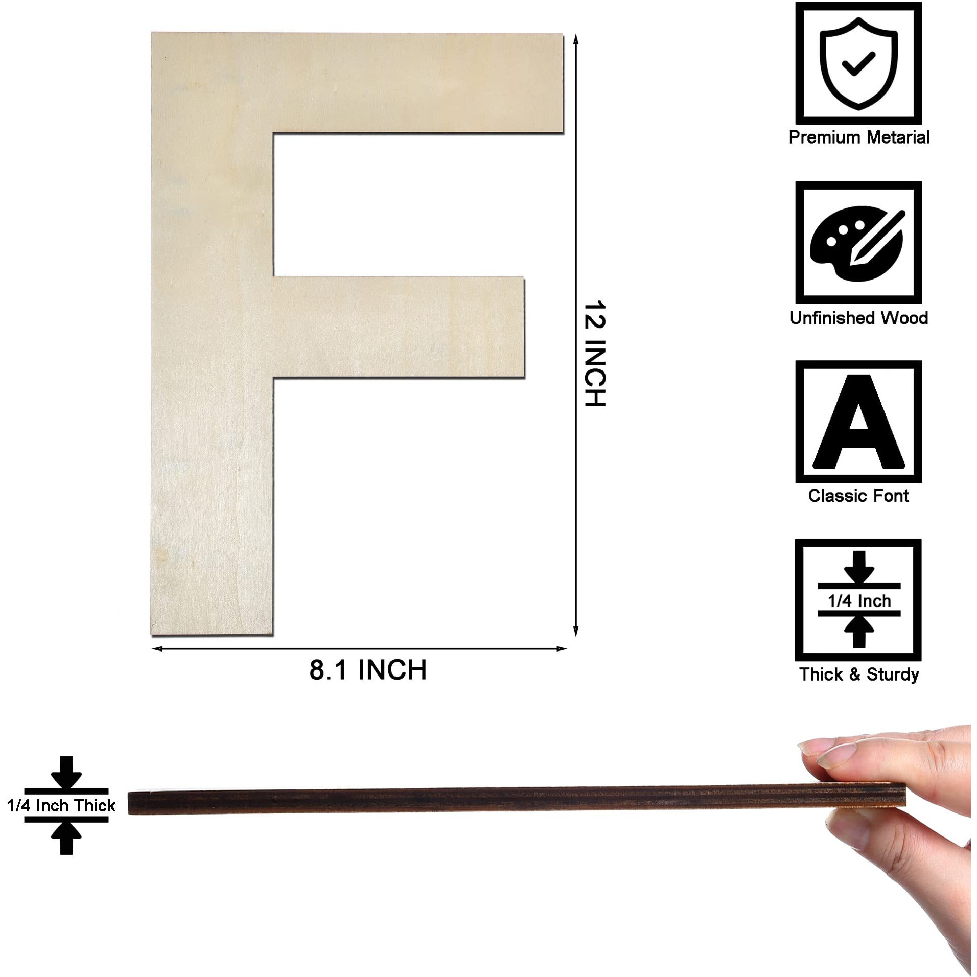 12 Inch Wooden Letter F, 1/4 Inch Thick Large Unfinished Wood Letter For Home Wall Decor, Diy Crafts
