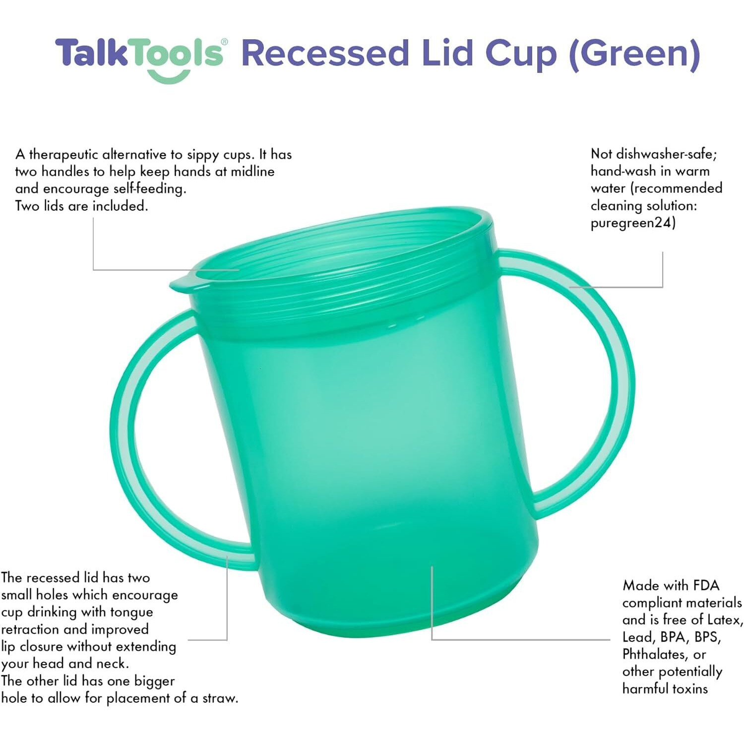 Talktools Recessed Lid Cup With Handles - Leak Proof | Promotes Oral Motor Skills, Lip Closure, And Self Feeding | Alternative To Sippy Bottle | Food Grade Materials | Dishwasher Safe (Green)