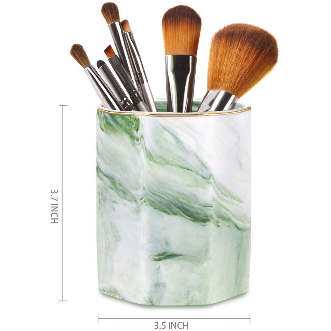 Waveyu Pencil Holder, Pencil Cup For Desk, Makeup Brush Holder Cup, Cute Pencil Stand Marble Decorative For Kids Durable Ceramic Desk Organizer For Office, Classroom, Home, Green Marble