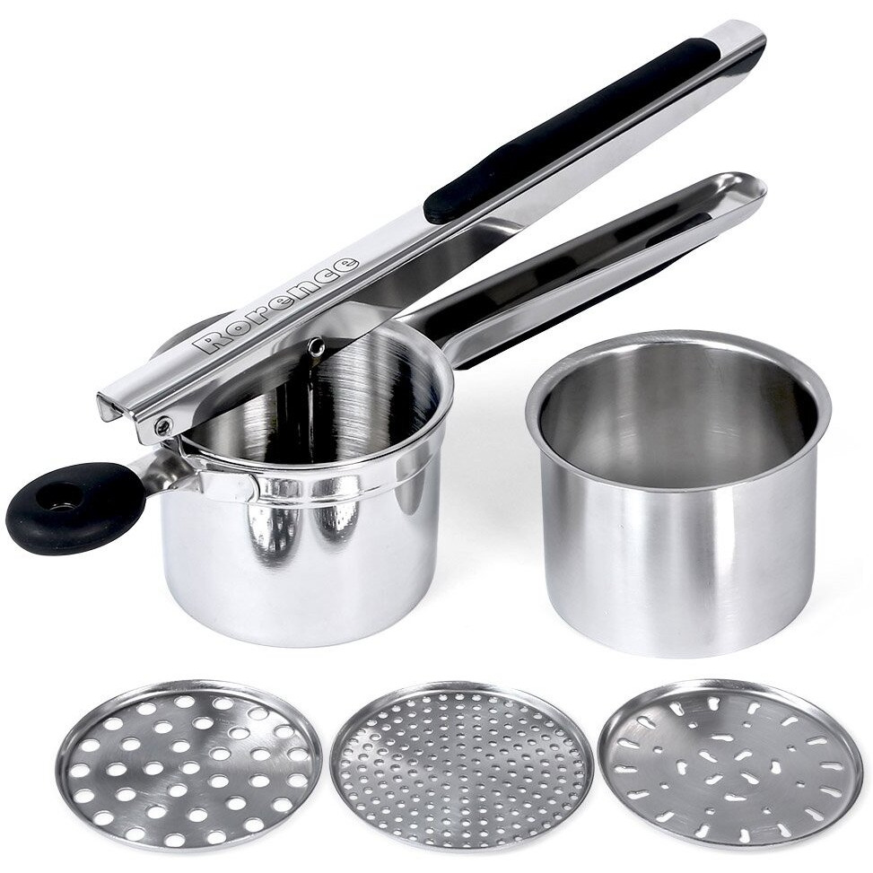 Rorence Stainless Steel Potato Ricer With 3 Interchangeable Discs & Inner Cup & Silicone Grip Handles - Black