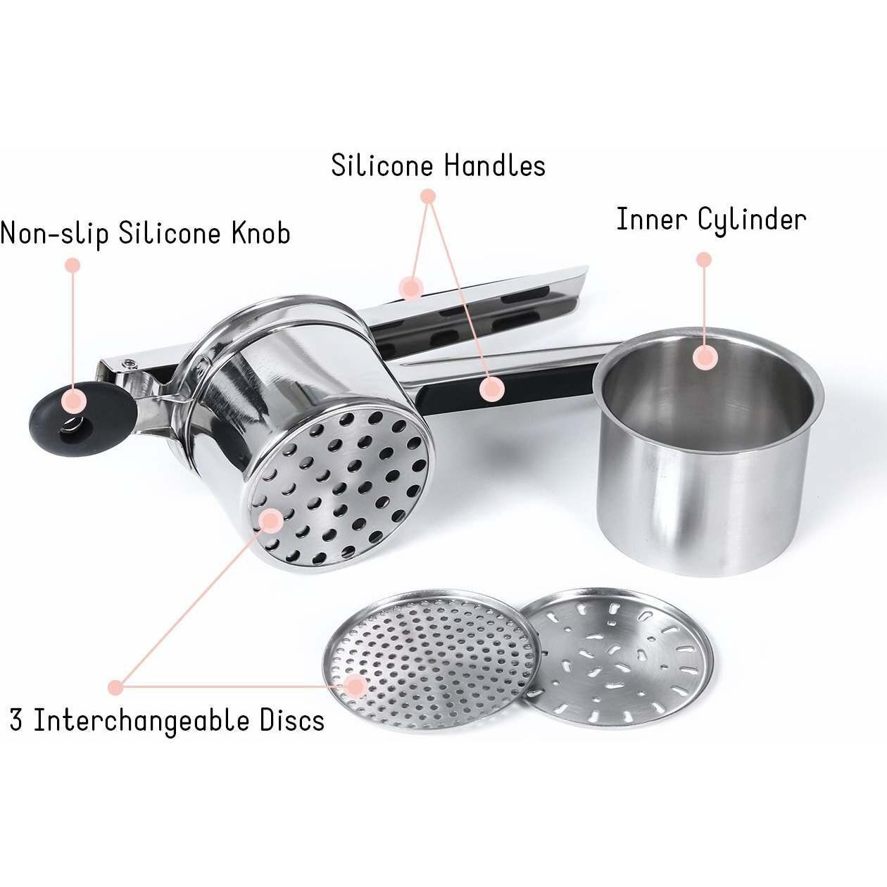 Rorence Stainless Steel Potato Ricer With 3 Interchangeable Discs & Inner Cup & Silicone Grip Handles - Black
