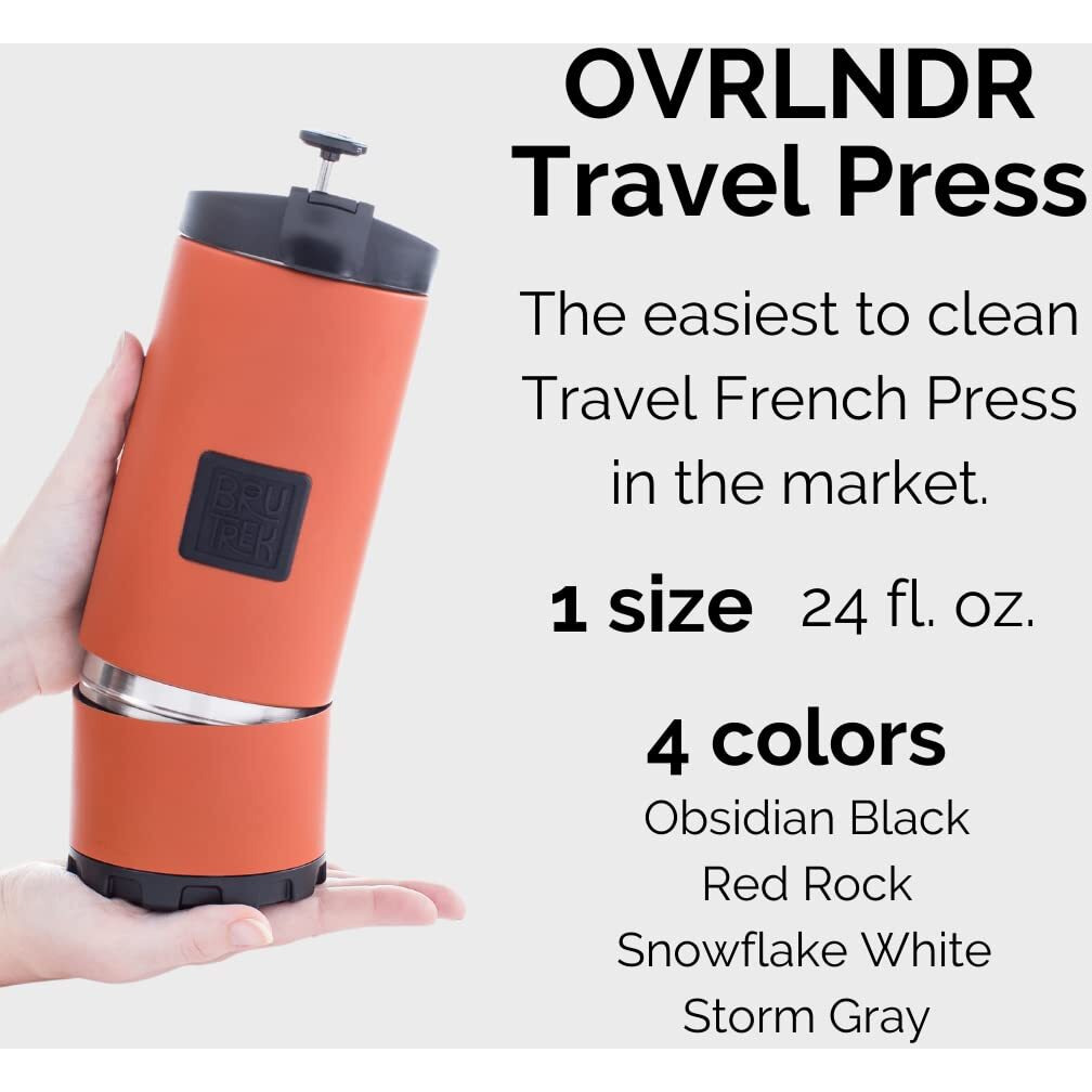 Brutrek Ovrlndr Travel Coffee French Press, 24 Fl.Oz Drinkable Capacity, Vacuum Insulated, Easy To Clean Removable Bottom, No Spill Lid, On The Go Coffee Brewing (Red Rock)