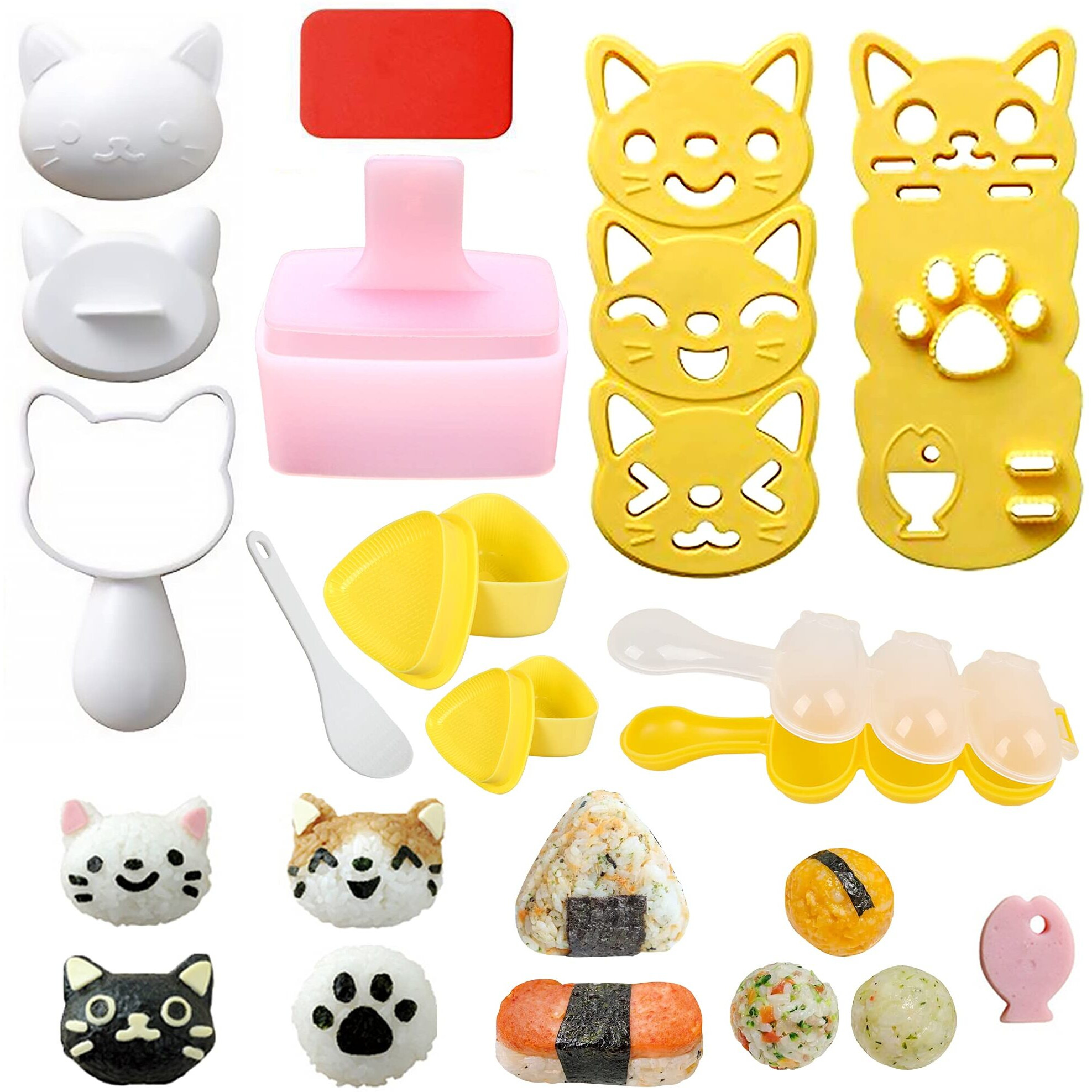 Cute Cat Rice Ball Molds 6 Sets Sushi Molds Bento Box Accessories Kits With 1Pc Musubi Maker Press Mold, 2Pcs Gimbap Molds Triangle And 1Pc Rice Ball Mold Shaker For Diy Fun Lunch Box Picnic Tool