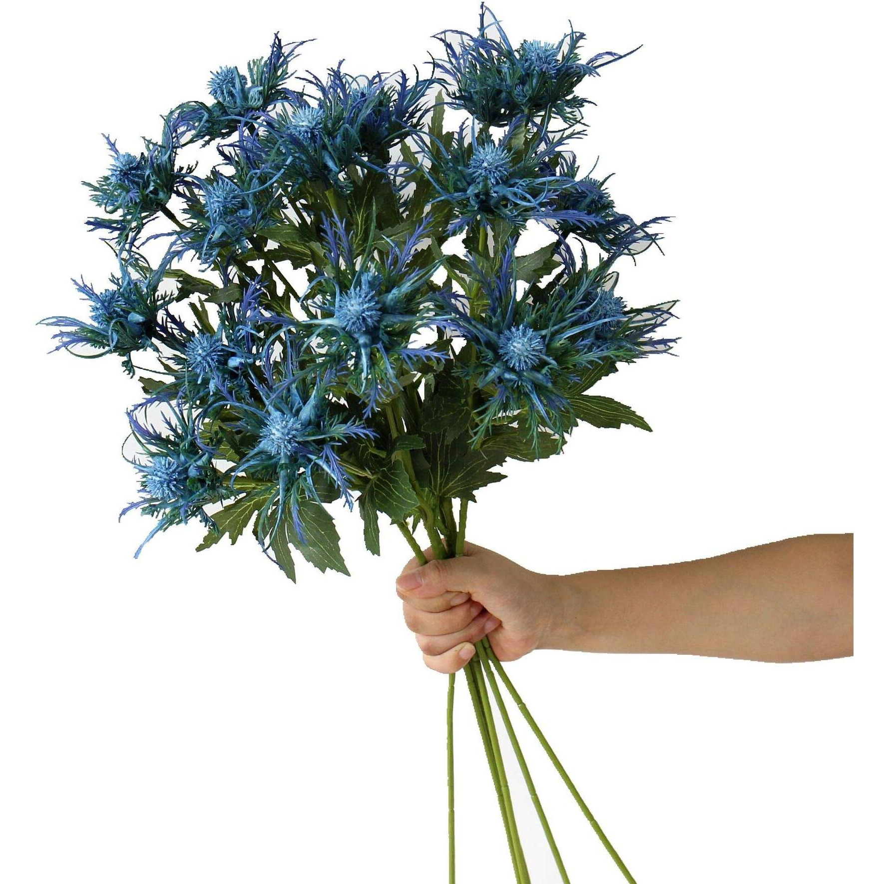 Romase 3 Branch Blue Artificial Thistle Flowers Bouquet, Long Stems Silk Thistle Flower, Real Size & Real Touch Fake Thistle Flowers Plants For Home Decor, Garden Wedding, Office, Prom Party