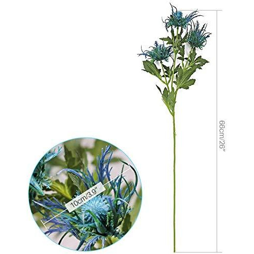 Romase 3 Branch Blue Artificial Thistle Flowers Bouquet, Long Stems Silk Thistle Flower, Real Size & Real Touch Fake Thistle Flowers Plants For Home Decor, Garden Wedding, Office, Prom Party