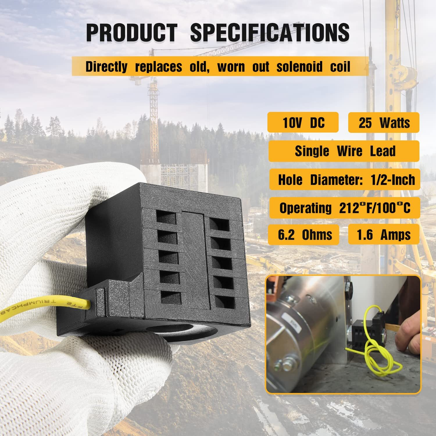 10226-08 Solenoid Coil, 10V Dc, 25W, Single Lead Wire, Fits Valve Stem Series 08 80 88 98, Dump Trailer Solenoid