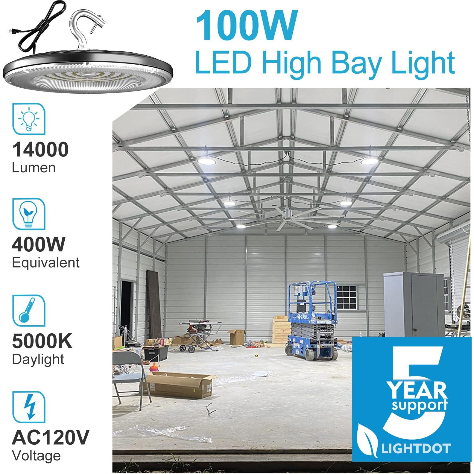 Lightdot 100W Led High Bay Light For Shop/Barn 5000K 14000Lm (Eqv. To 400W Hps/Mh) High Bay Led Lights With Plug For Commercial Warehouse Lighting-Etl Listed 5Pack
