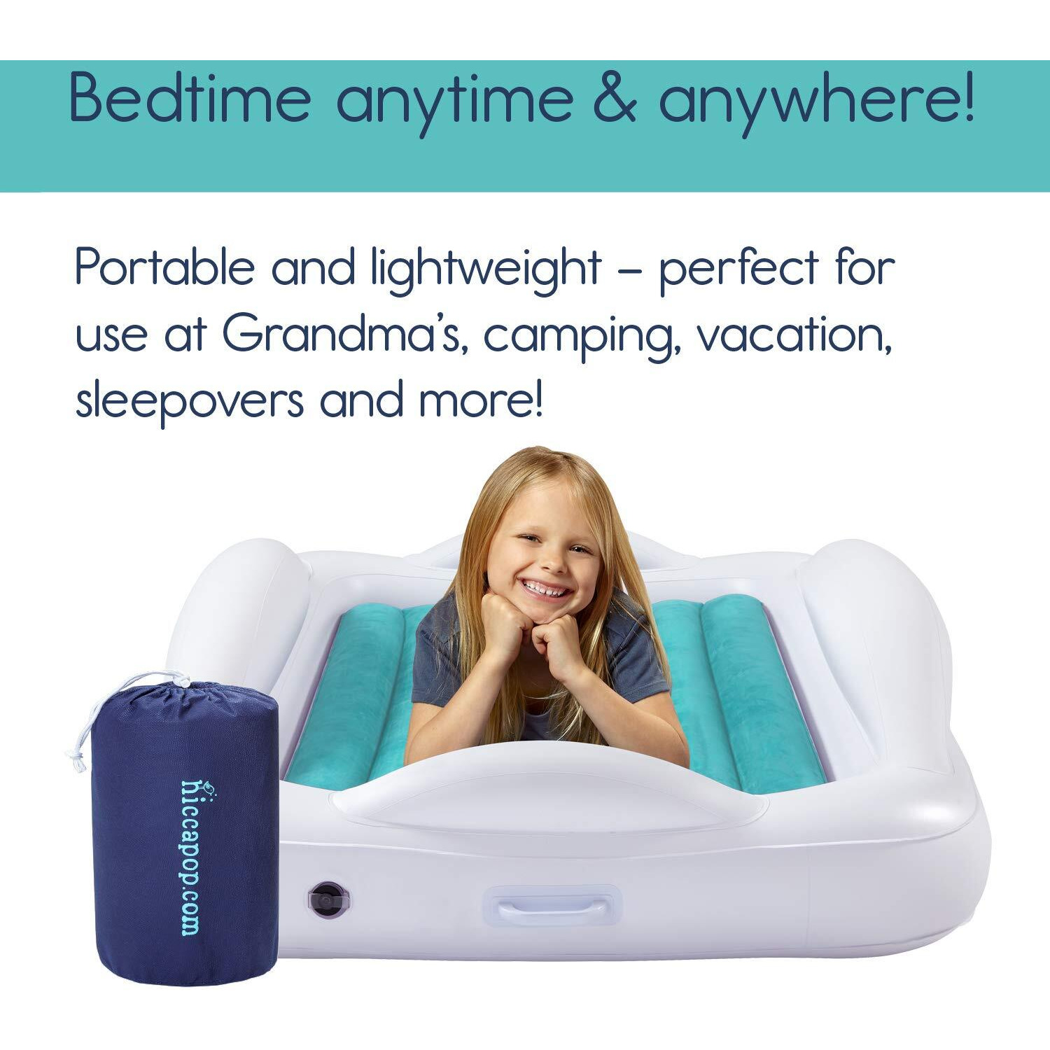 Hiccapop Inflatable Toddler Travel Bed With Safety Bumpers [4-Sided] | Portable Toddler Bed For Kids | Toddler Air Mattress | Kids Air Mattress - Teal Blue