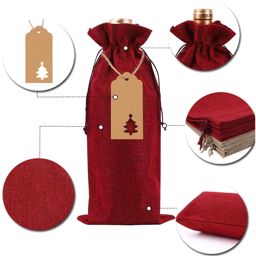 Joicee 12Pcs Burlap Wine Gift Bags, Burlap Jute Wine Bottle Covers Bags Reusable Jute Wine Bags With Drawstring For Christmas Wedding Party