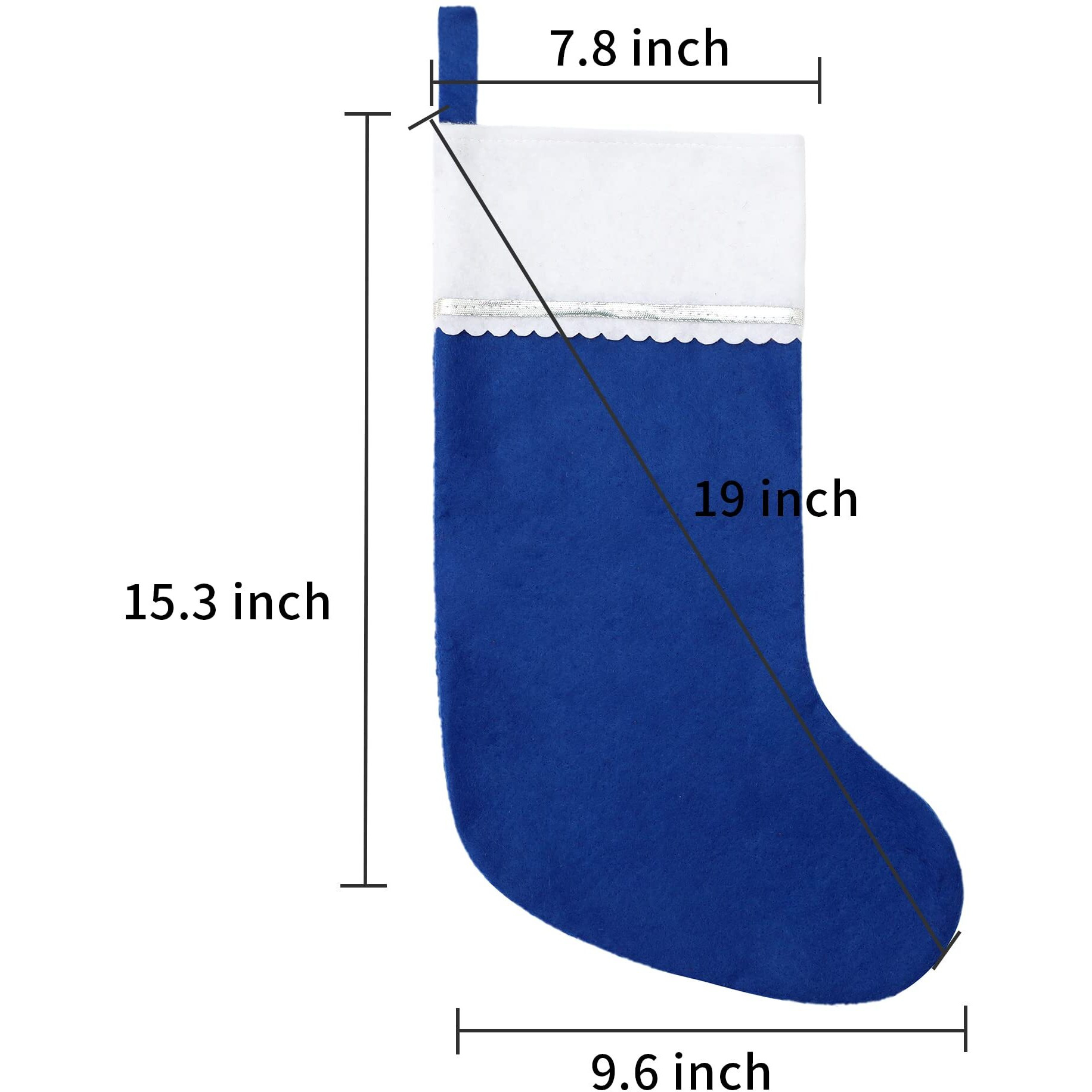 Tokforty 12 Pack Felt Christmas Stockings, 19 Inches Blue And White Christmas Stockings Hanging Ornaments, White Cuff With Silver Trim Christmas Stockings For Family Christmas Holiday Decorations