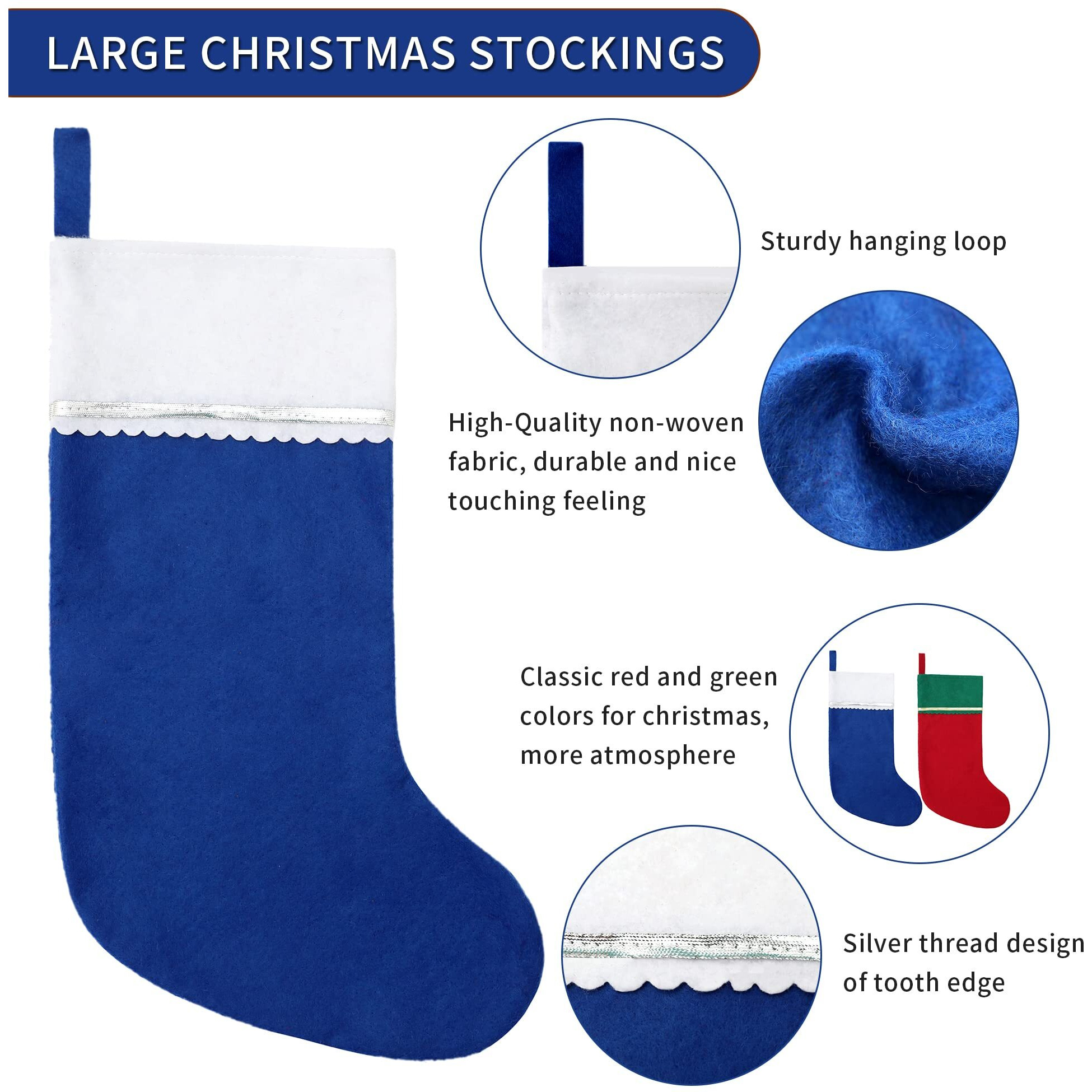 Tokforty 12 Pack Felt Christmas Stockings, 19 Inches Blue And White Christmas Stockings Hanging Ornaments, White Cuff With Silver Trim Christmas Stockings For Family Christmas Holiday Decorations