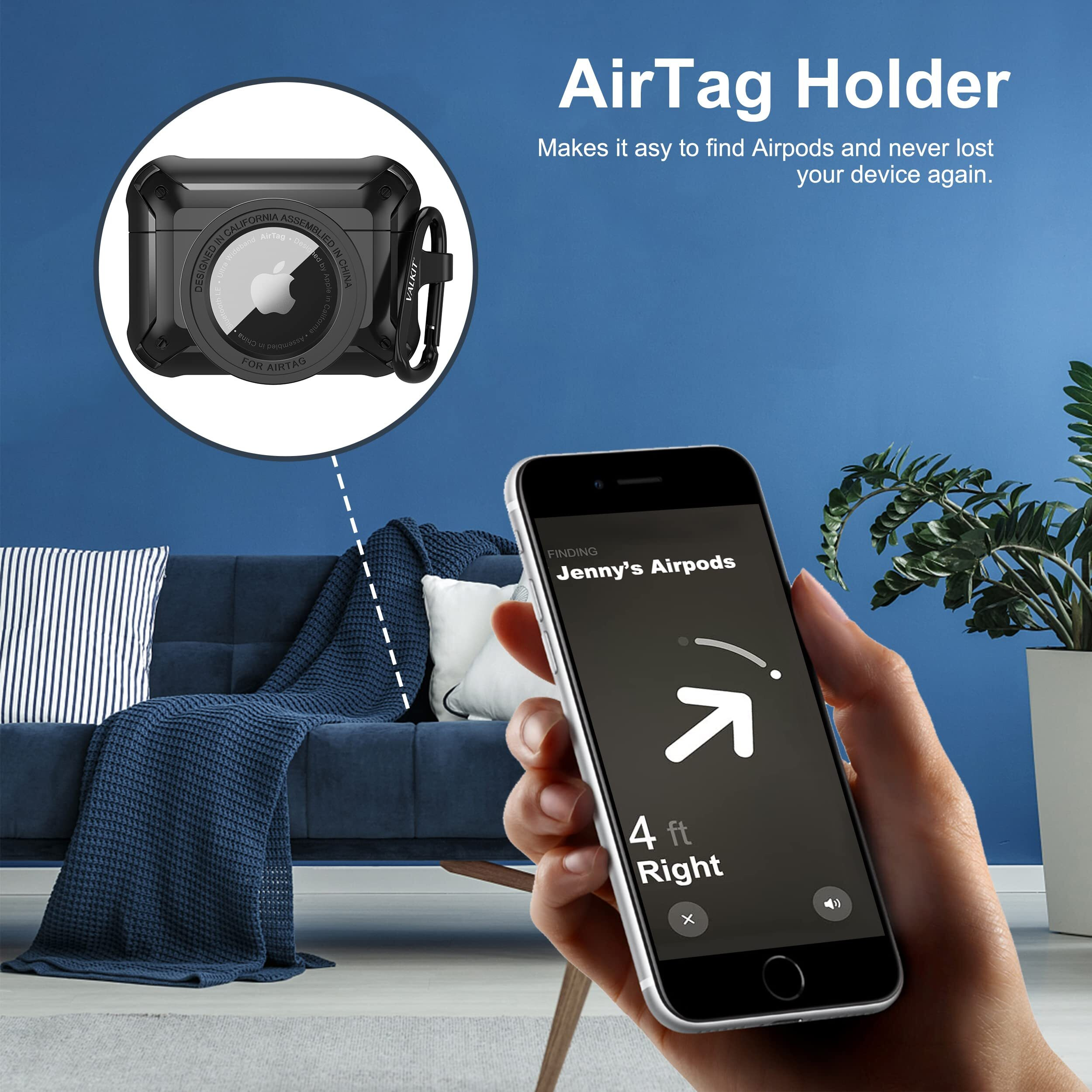 Valkit Compatible Airpods Pro Case And Airtags Case Cover, 2 In 1 Rugged Protective Case Shockproof Air Pod Pro Case For Men Women With Keychain Ipod Pro Skin For Airpods Pro And Airtag, Black