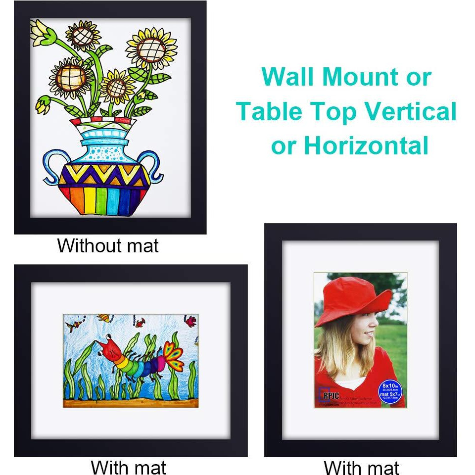 Rpjc 8X10 Inch Picture Frames Made Of Solid Wood And High Definition Glass Display Pictures 5X7 With Mat Or 8X10 Without Mat For Wall Mounting Photo Frame Black