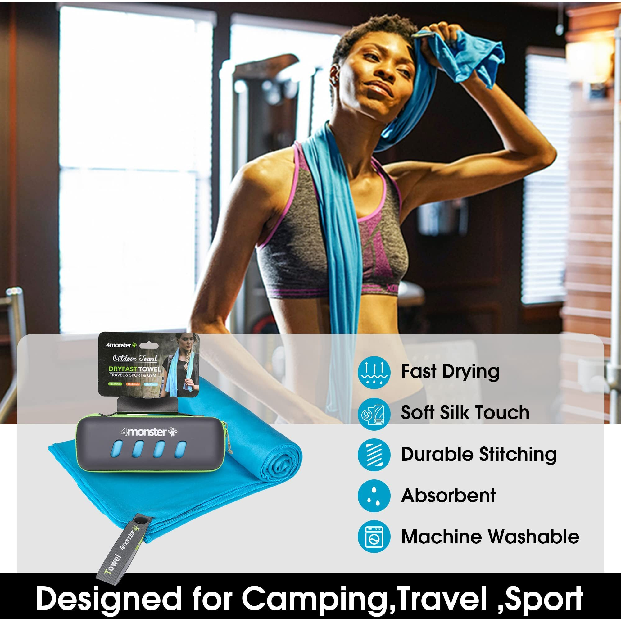 4Monster Microfiber Towel, Travel Towel, Camping Towel, Fast Drying, Soft Light Weight, Suitable For Gym, Beach, Swimming, Backpacking And More (Blue, Medium (24 X 48 Inches))