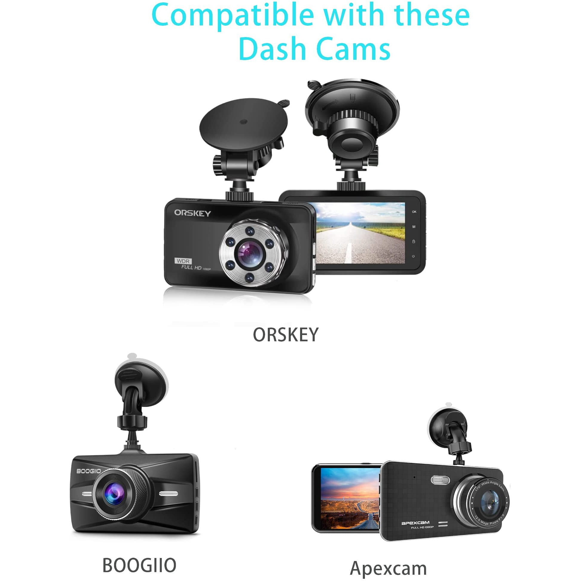 Glucrean Dash Cam Mount Compatible With Orskey/Boogiio/Apexcam/Ajvvf Dashcam, Suction Cup Mount Easy To Install And Use, Strong Suction Power Hight Durability And Removeable 2 Pcs