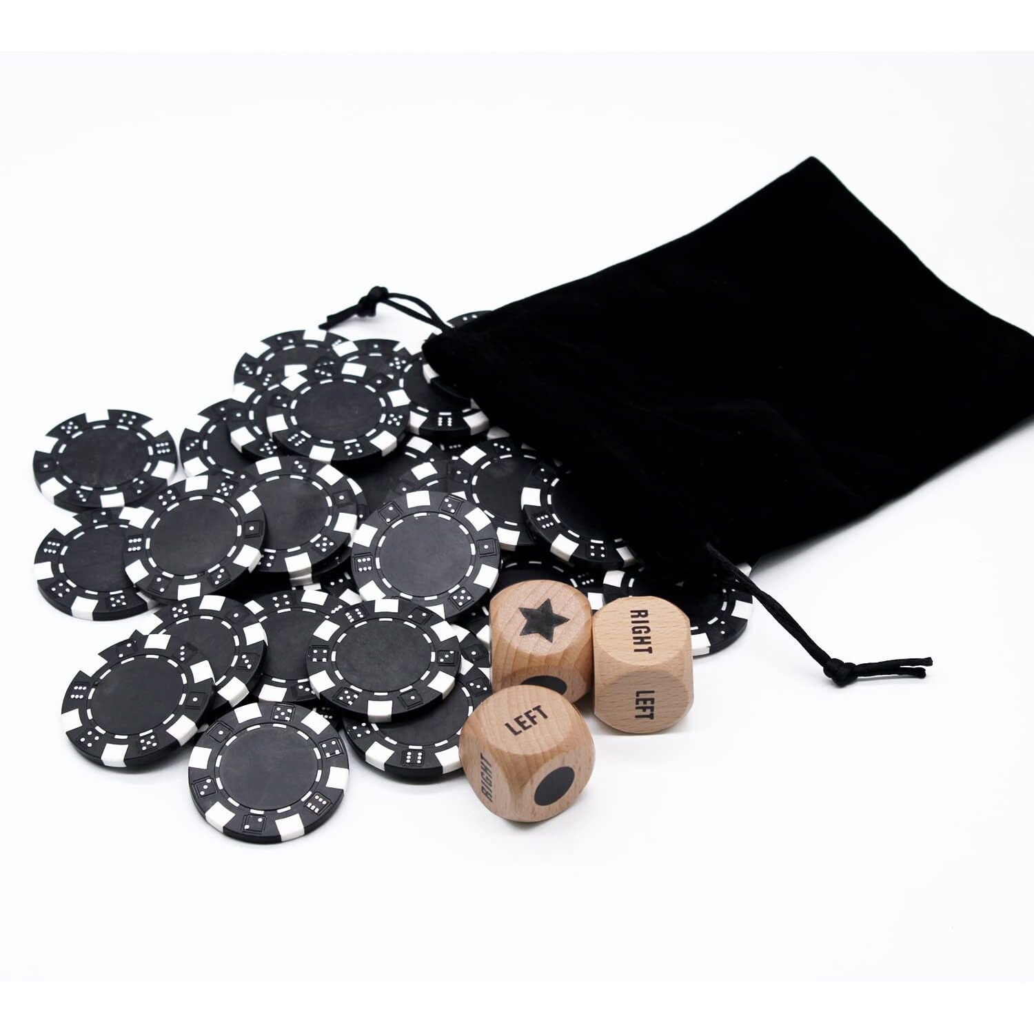 Bilywey Upgrade Left Right Center Dice Game Set With 3Pcs Beech Wood Dices + 36Pcs 11.5G Poker Chips (Black)