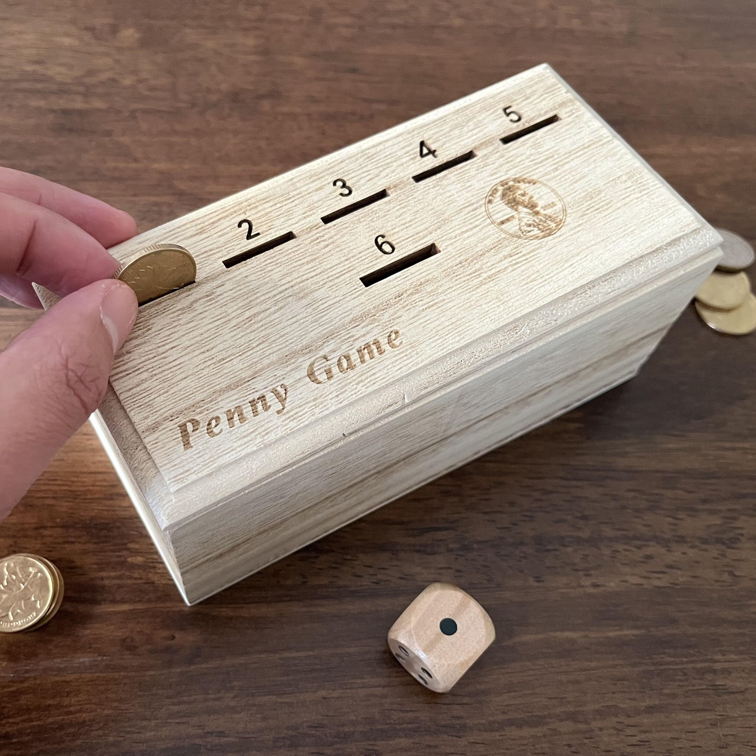 Penny Game - Fun Board Game Works With Coines, Get Rid Of Coins To Win, Penny Game Wood Box For 2+ Players, Simple + Strategic Dice Games