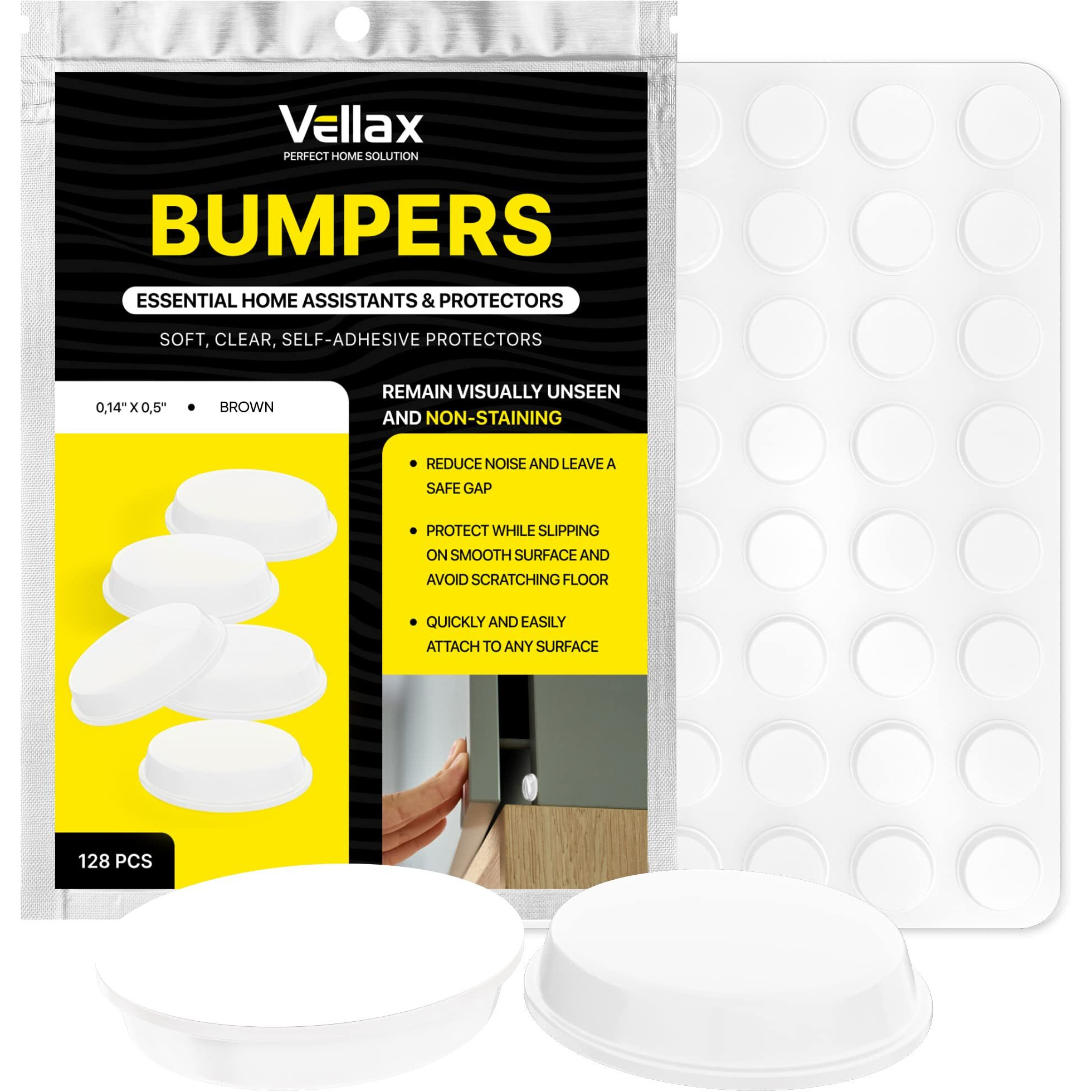 Vellax Cabinet Door Bumpers 128 Pcs - 1/2 Diameter White Self Adhesive Pads, Cabinet Stoppers, Rubber Bumpers For Drawers, Cupboards, Cutting Boards, Glass Tops, Picture Frames, Kitchen Furniture