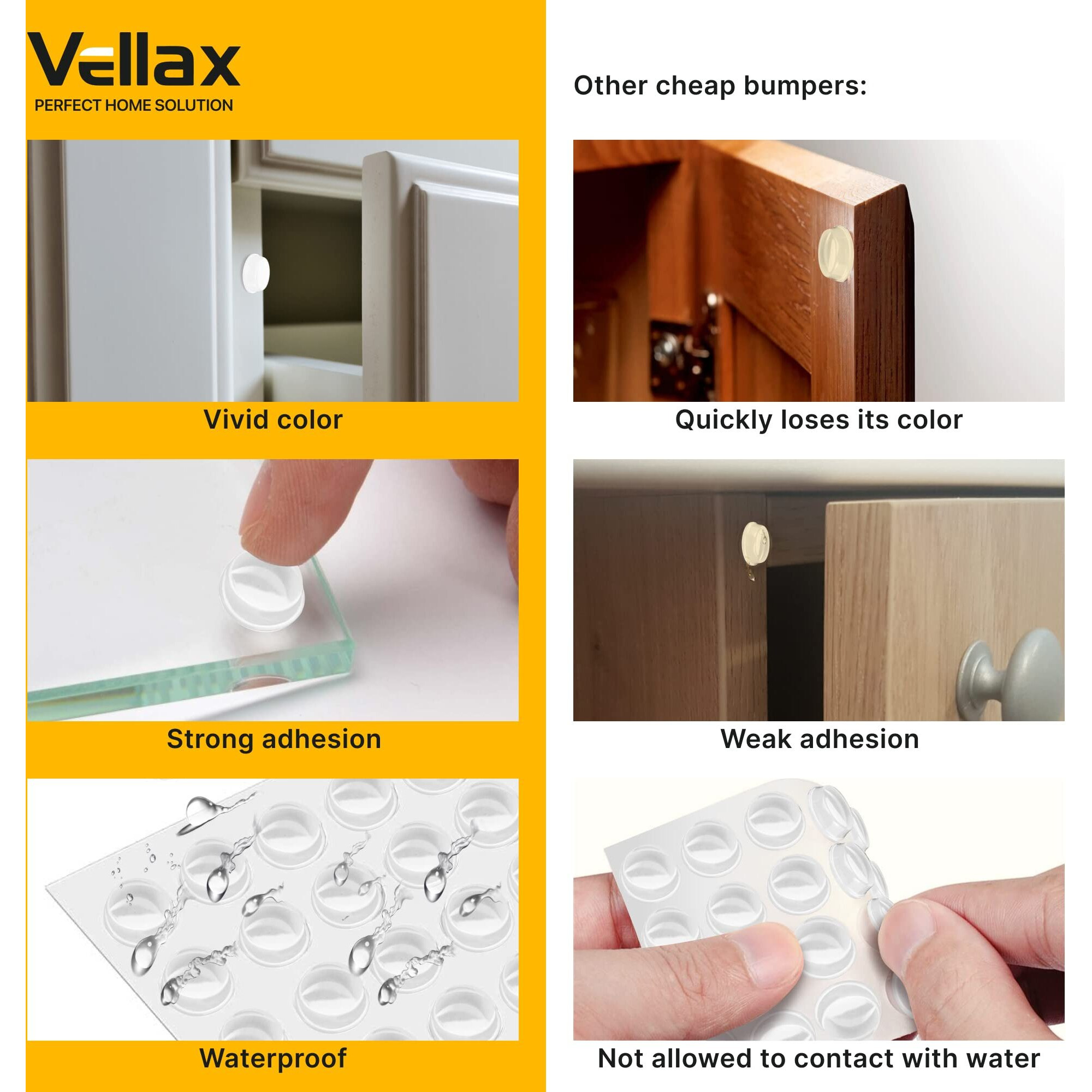 Vellax Cabinet Door Bumpers 128 Pcs - 1/2 Diameter White Self Adhesive Pads, Cabinet Stoppers, Rubber Bumpers For Drawers, Cupboards, Cutting Boards, Glass Tops, Picture Frames, Kitchen Furniture