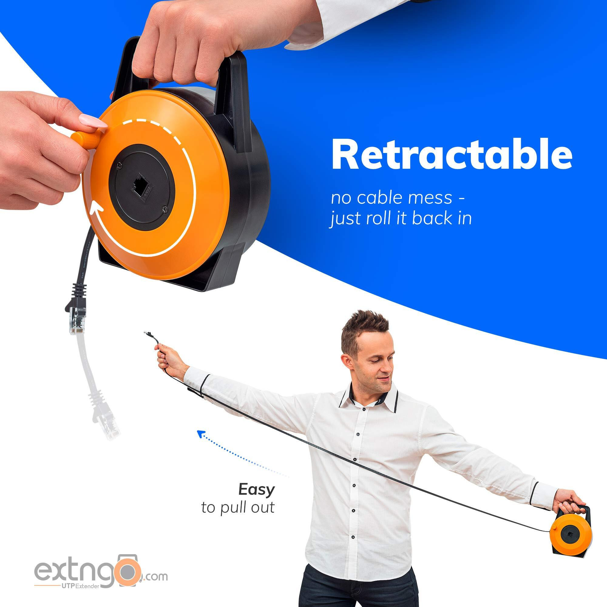 Extngo Retractable Network Cable Extender, 50 Ft (15 Meter) Cat 6 Ethernet Cable Flat-Portable 1Gbps Data Speed-Swiftly Setup Temp Networks-Cascadable Male-Female Rj45 Connector-Utp Cable Reel