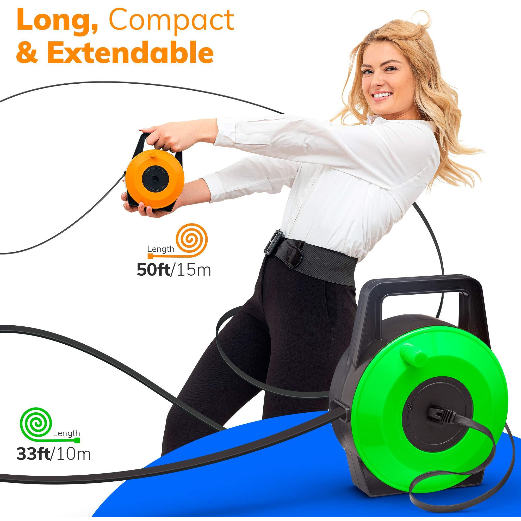 Extngo Retractable Network Cable Extender, 50 Ft (15 Meter) Cat 6 Ethernet Cable Flat-Portable 1Gbps Data Speed-Swiftly Setup Temp Networks-Cascadable Male-Female Rj45 Connector-Utp Cable Reel