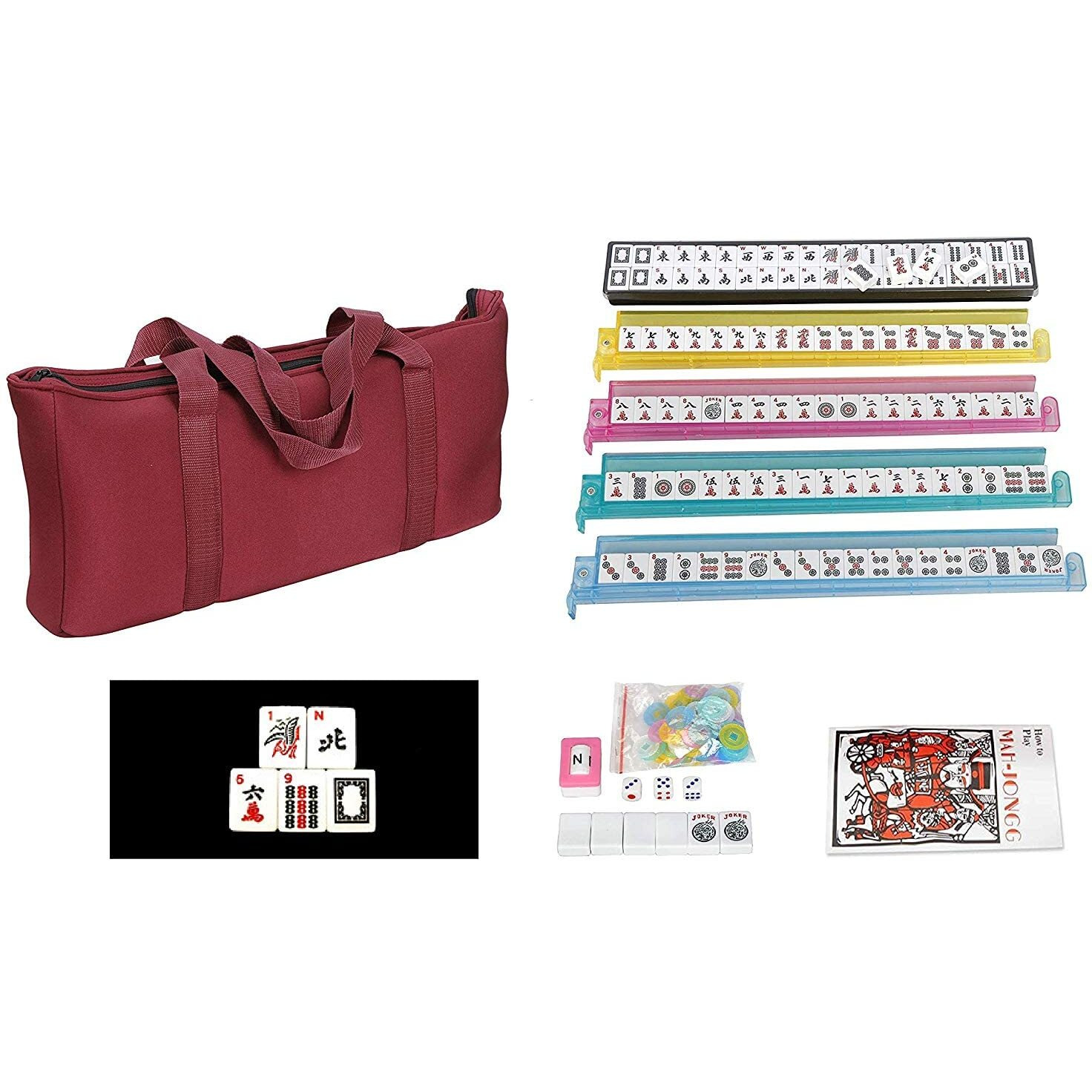 Hndtek American Mahjong Set - Red Burgundy Soft Bag - 166 White Engraved Tiles, 4 All-In-One Rack/Pushers Western Mah Jongg Game Set