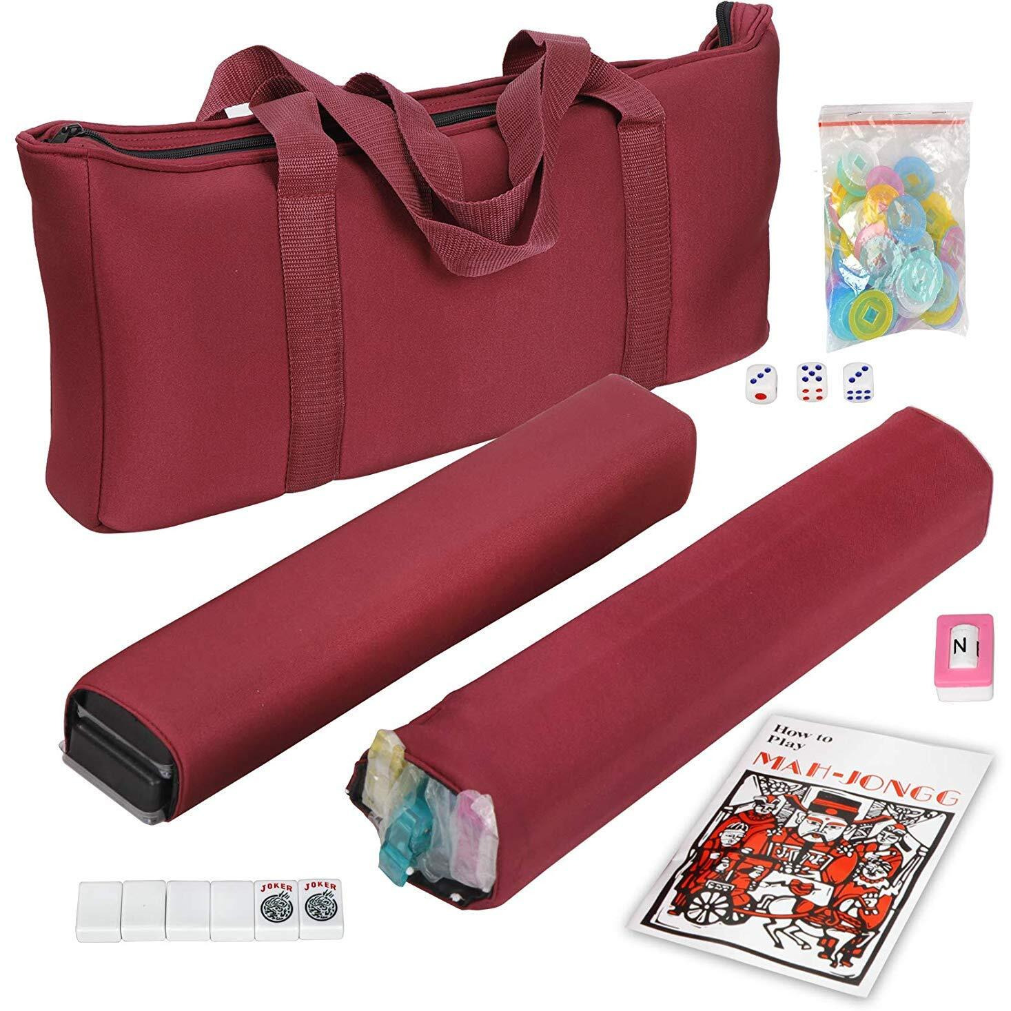 Hndtek American Mahjong Set - Red Burgundy Soft Bag - 166 White Engraved Tiles, 4 All-In-One Rack/Pushers Western Mah Jongg Game Set
