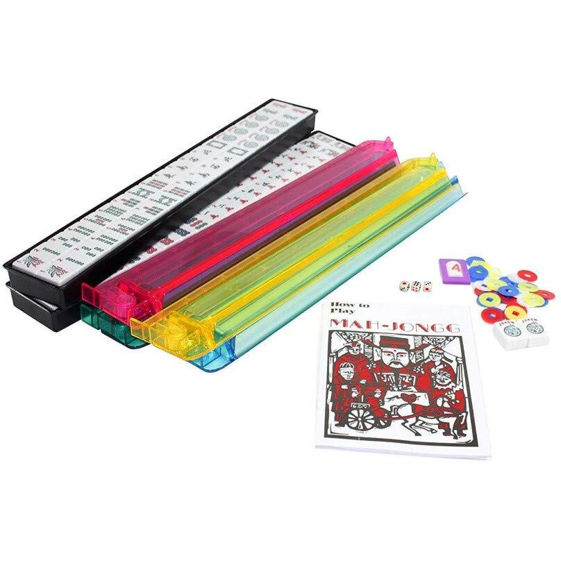 Hndtek American Mahjong Set - Red Burgundy Soft Bag - 166 White Engraved Tiles, 4 All-In-One Rack/Pushers Western Mah Jongg Game Set