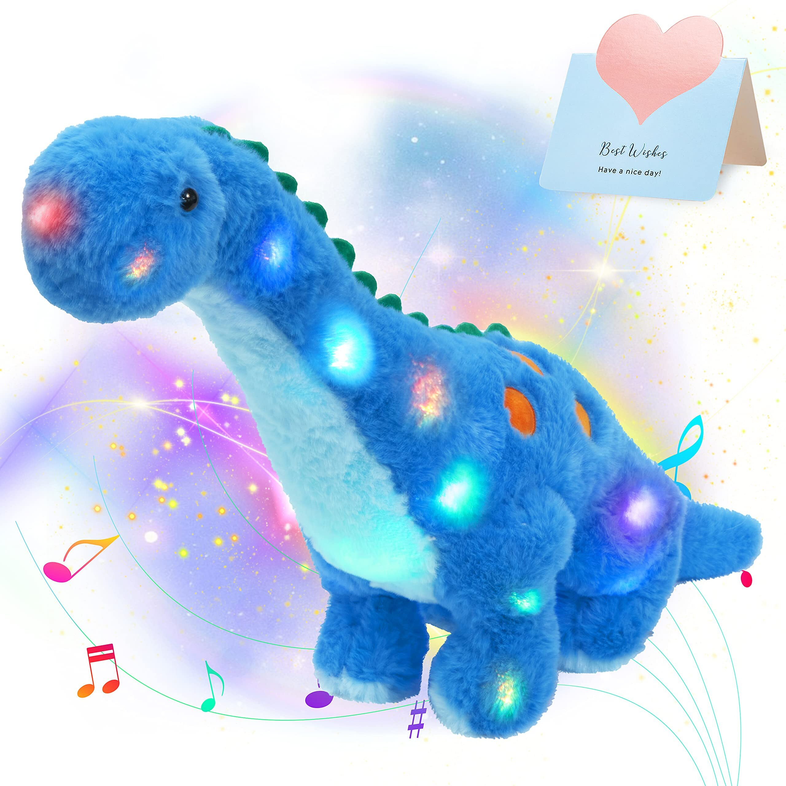 Houwsbaby 14 Musical Led Dinosaur Stuffed Animal Floppy Diplodocus Plush Toy Singing Light Up Adorable Long Neck Lullaby Animated Soothe Baby Birthday For Kids Boy Toddlers, Blue