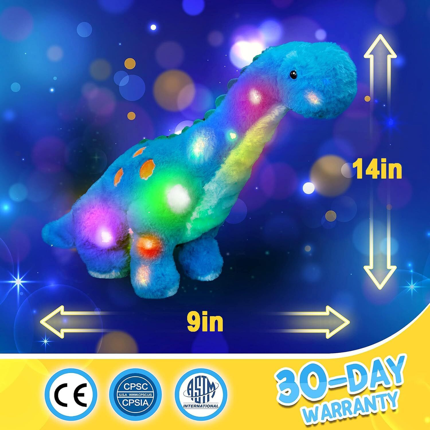 Houwsbaby 14 Musical Led Dinosaur Stuffed Animal Floppy Diplodocus Plush Toy Singing Light Up Adorable Long Neck Lullaby Animated Soothe Baby Birthday For Kids Boy Toddlers, Blue