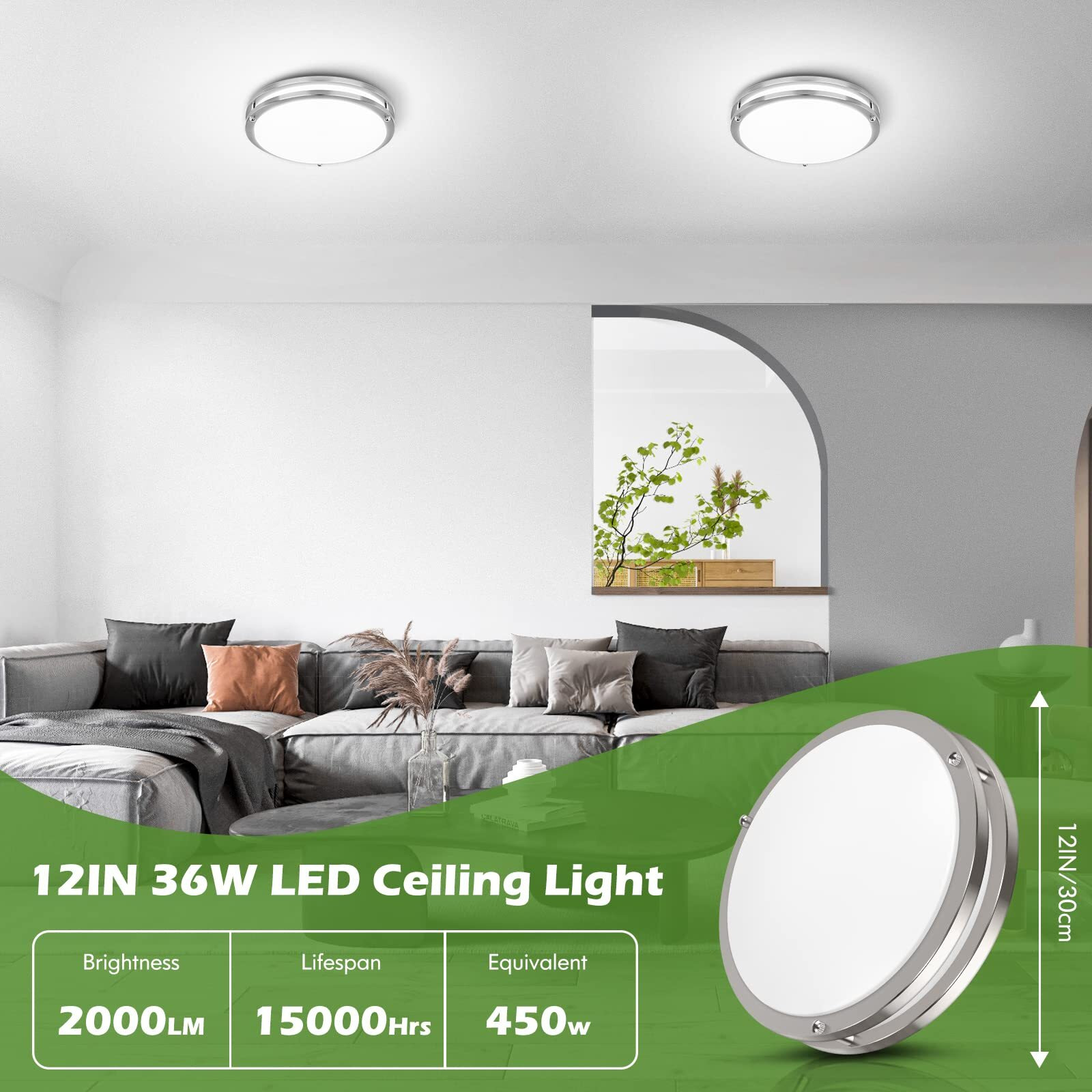 2 Pack 36W Led Ceiling Light Fixture (450W Equiv), 12" Modern Flush Mount Ceiling Lights, Dimmable Ceiling Lamps Super Bright 2000Lm, 3000K/4000K/5000K Adjustable For Bedroom Kitchen Bathroom Hallway