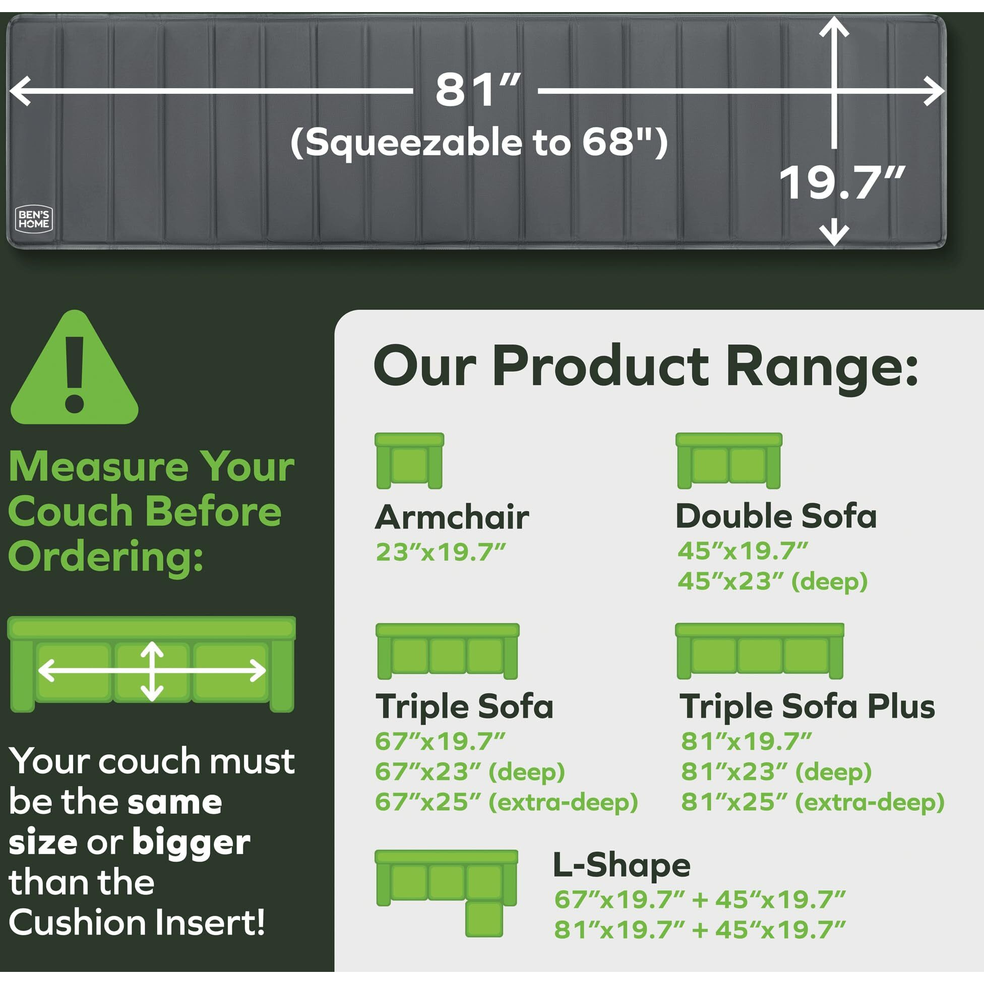 Ben'shome Lifetime Large Couch Cushion Support [19.7&quot X 68-81&quot] - Strong Solid Wood Seat Insert For Fix Sagging Cushions Living Room Long Sofa Seat | 0.5&quot Thick & Durable