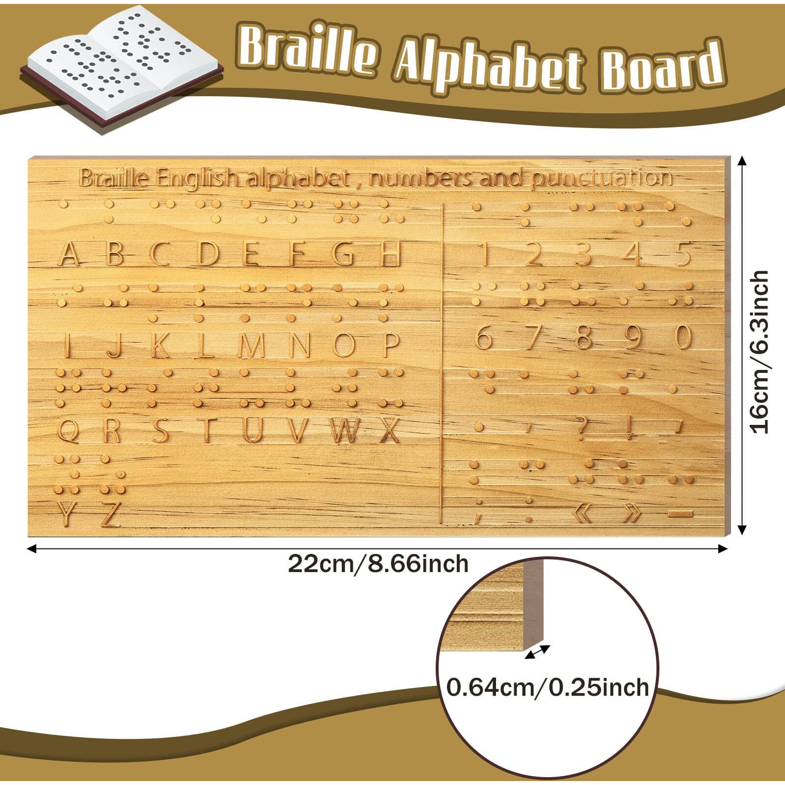 Yulejo Braille Alphabet Board 8.7 X 6.3 Inches Wood Braille Fingerboard Carved Dots Braille Alphabet Chart Numbers Board Montessori Educational Tool For Sighted Individuals Escape Rooms Games Teaching