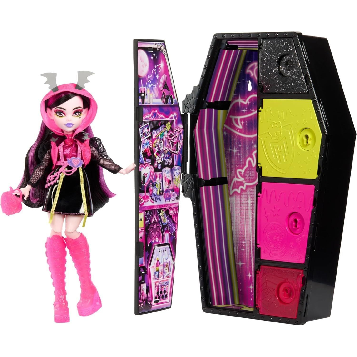 Monster High Skulltimate Secrets Neon Frights Doll & Accessories, Draculaura With Dress-Up Locker & 19+ Surprises