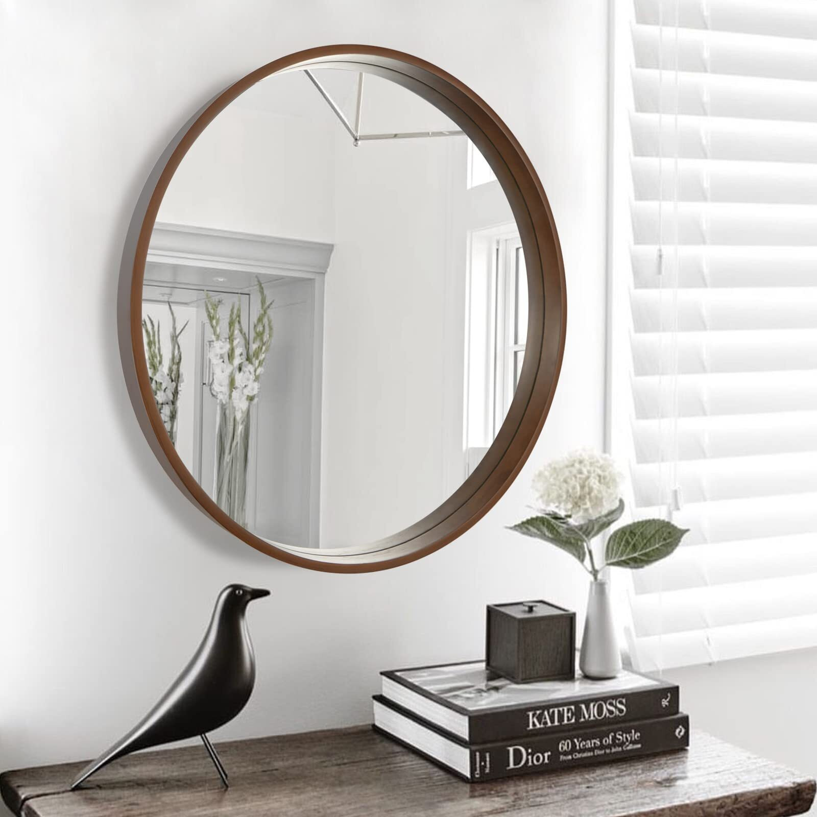 Wallbeyond Round Mirror With Wood Frame 24 Inch Circle Wall Mirror For Bathroom Round Wall Mirror For Wall Decor, Vanity, Entryway Living Room (Walnut)